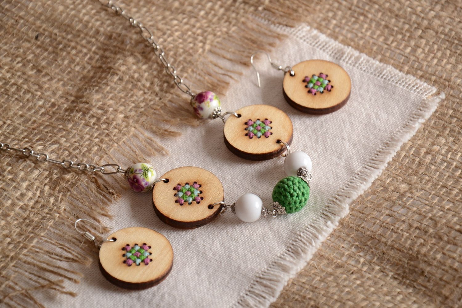 Handmade jewelery set made of plywood necklace and earrings with cross-stitch embroidery photo 1