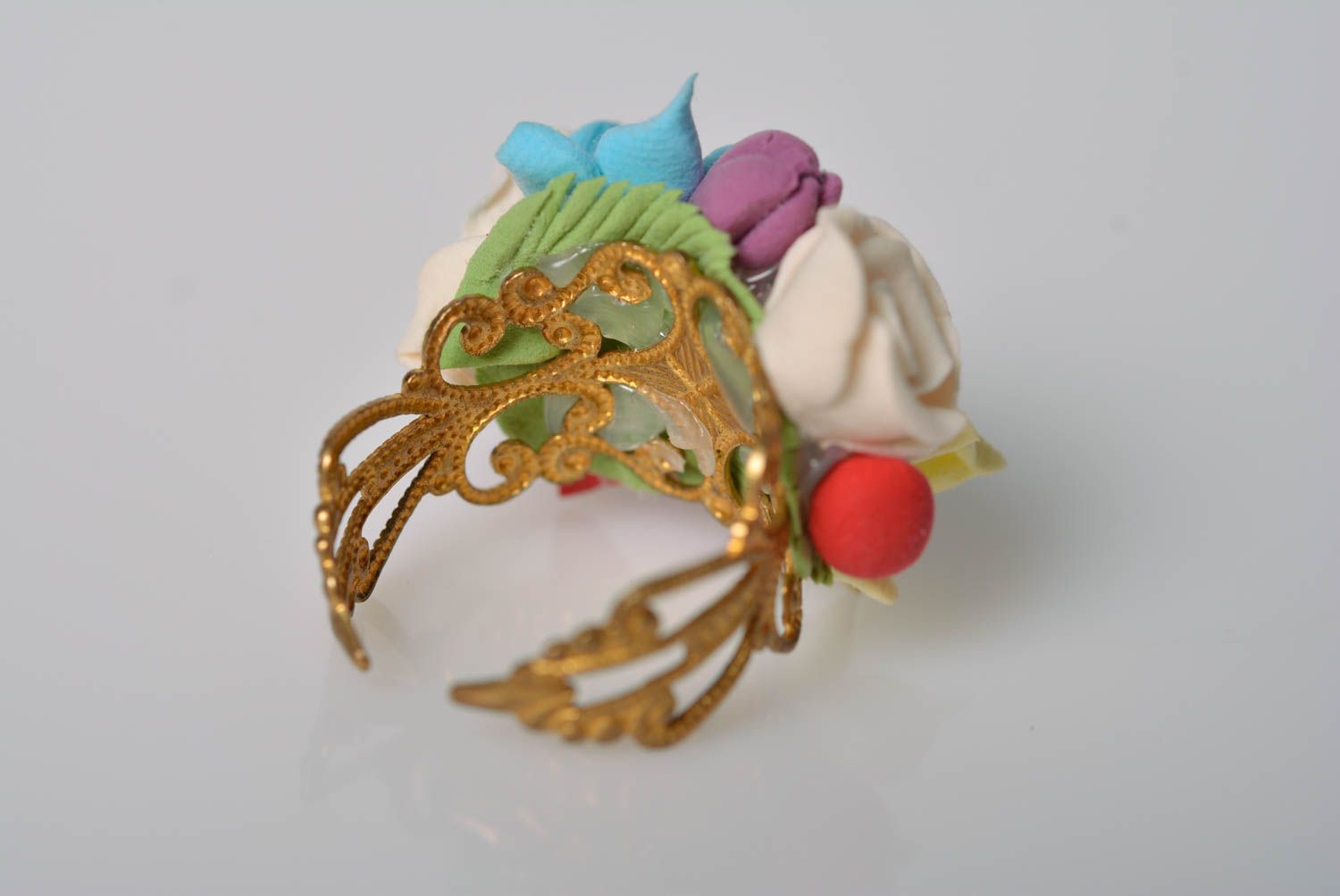 Handmade ring made of polymer clay beautiful female jewelry with flowers  photo 2