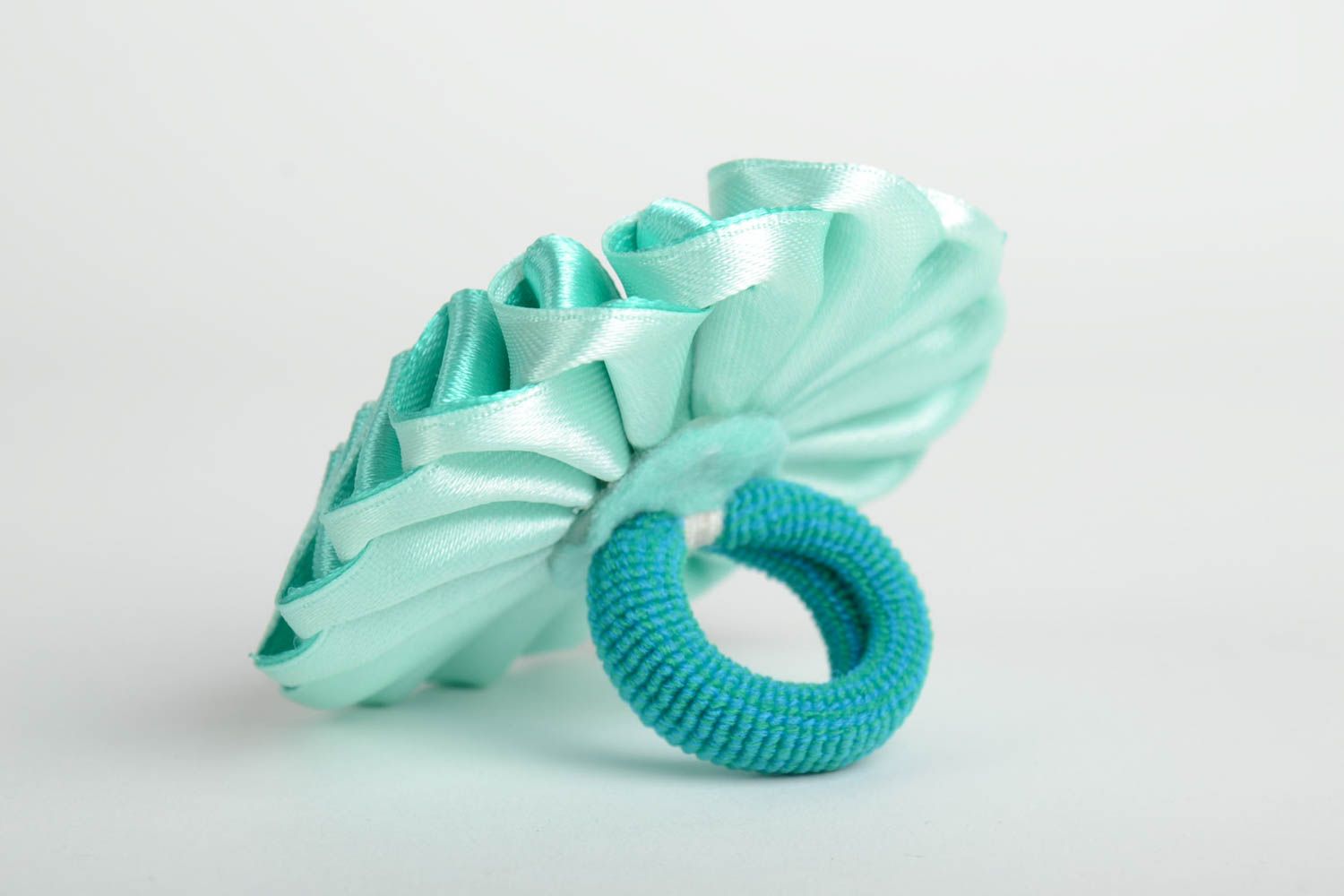 Handmade designer hair band with volume ribbon kanzashi flower of mint color photo 4