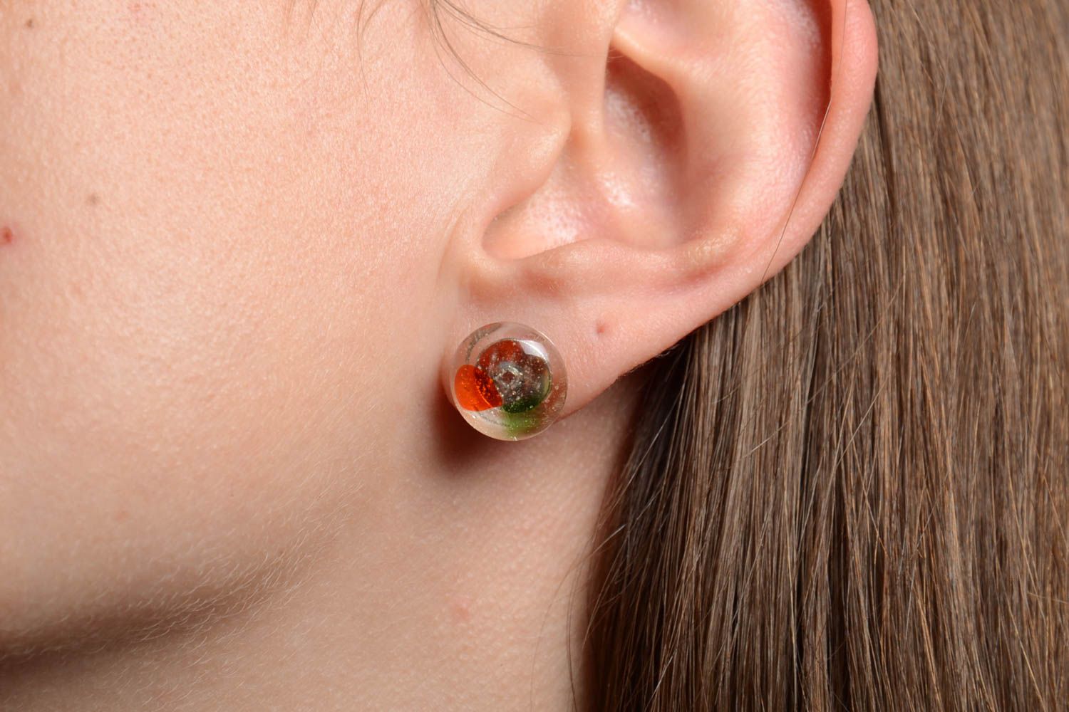 Round colorful glass stud earrings fusing technique handmade designer accessory photo 2