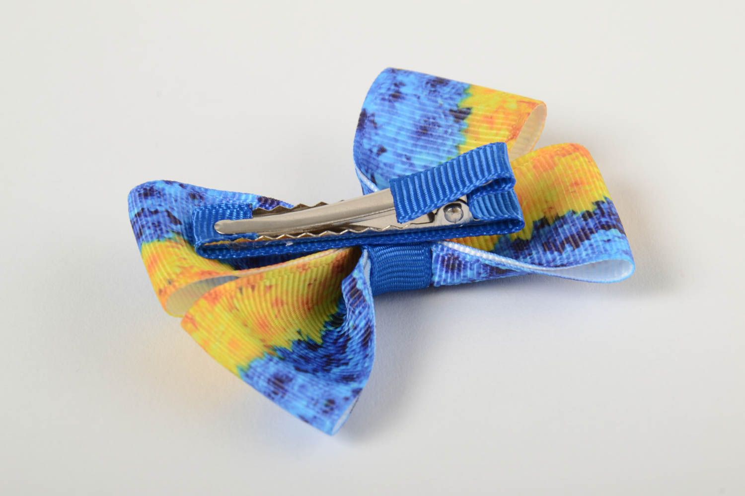 Children's designer hair clip in the form of bow handmade blue and yellow  photo 3