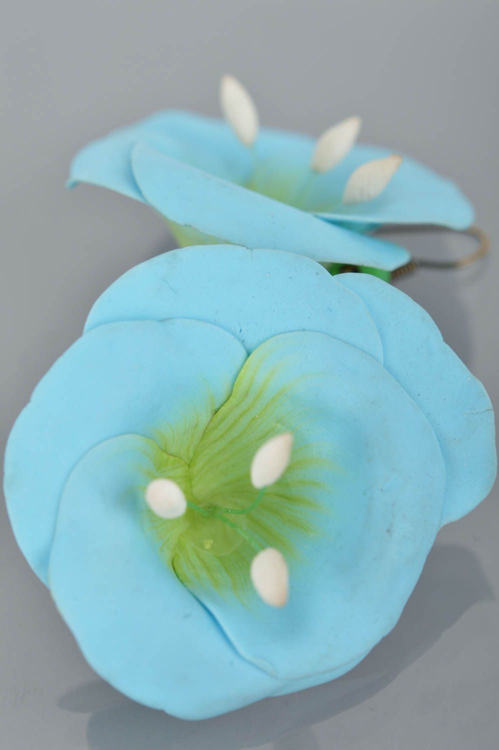 Handmade female earrings made of polymer clay in shape of blue flowers photo 4