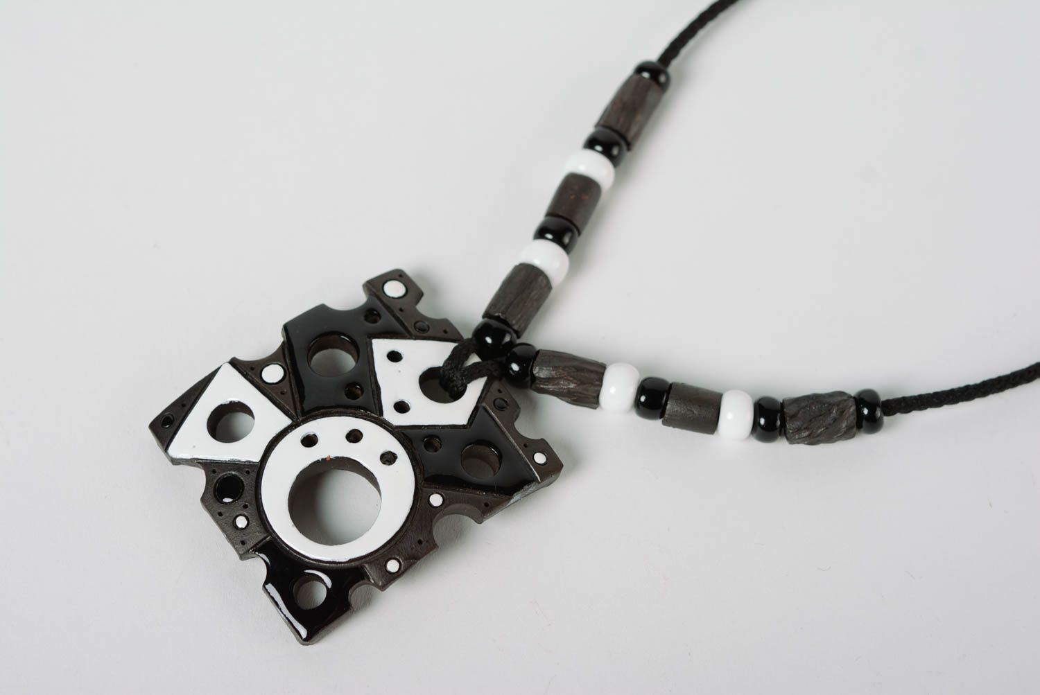 Handmade black and white clay pendant painted with enamel Abstraction photo 2