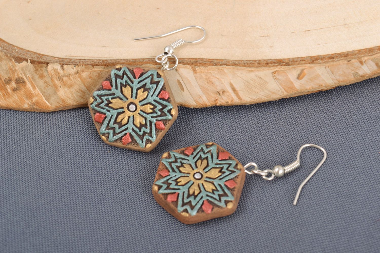 Handmade ceramic dangling earrings ornaments with acrylic paints in ethnic style photo 1