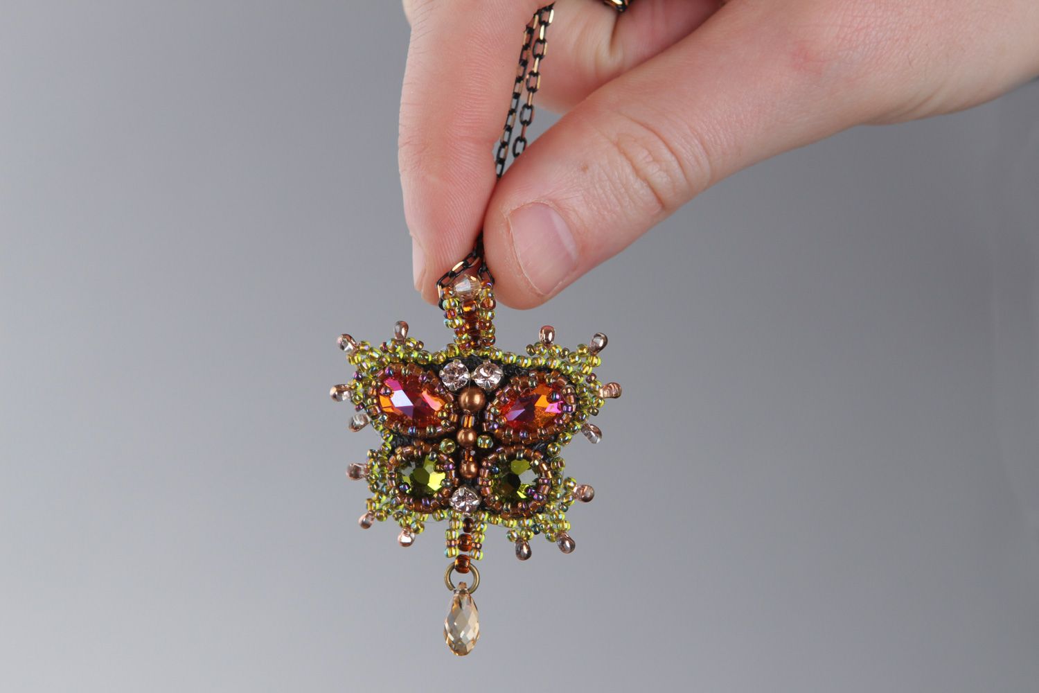 Handmade luxurious pendant embroidered with golden beads on long chain dragonfly photo 4