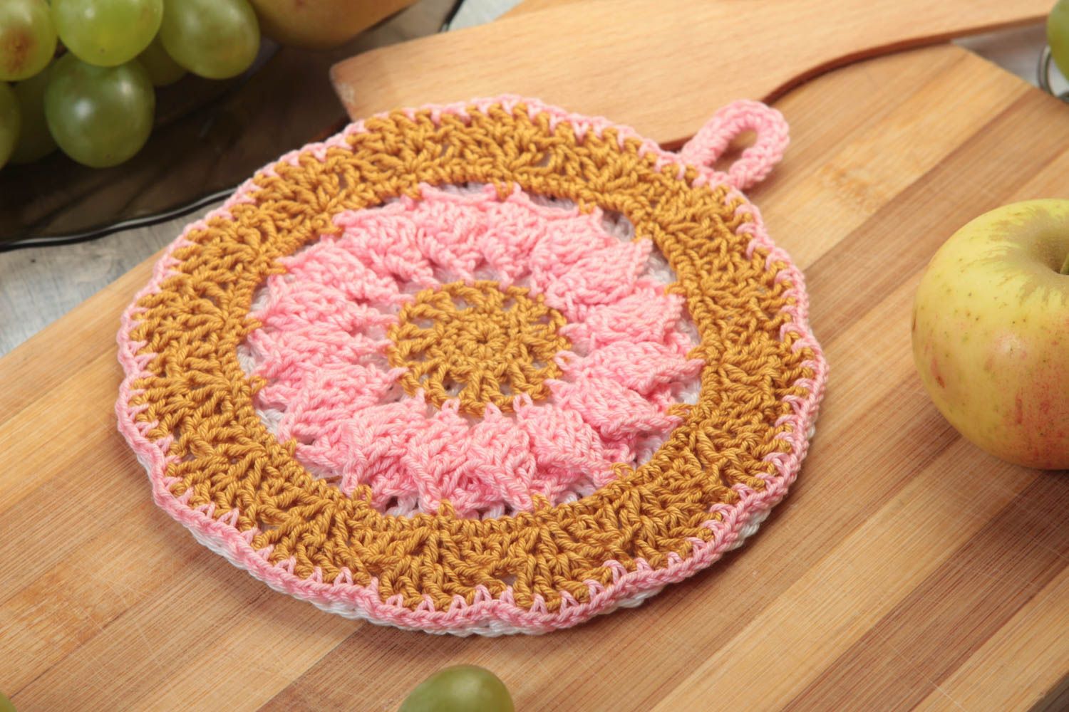 Handmade runder Topflappen gehäkelt Küchen Textilien Haus Deko orange rosa foto 1