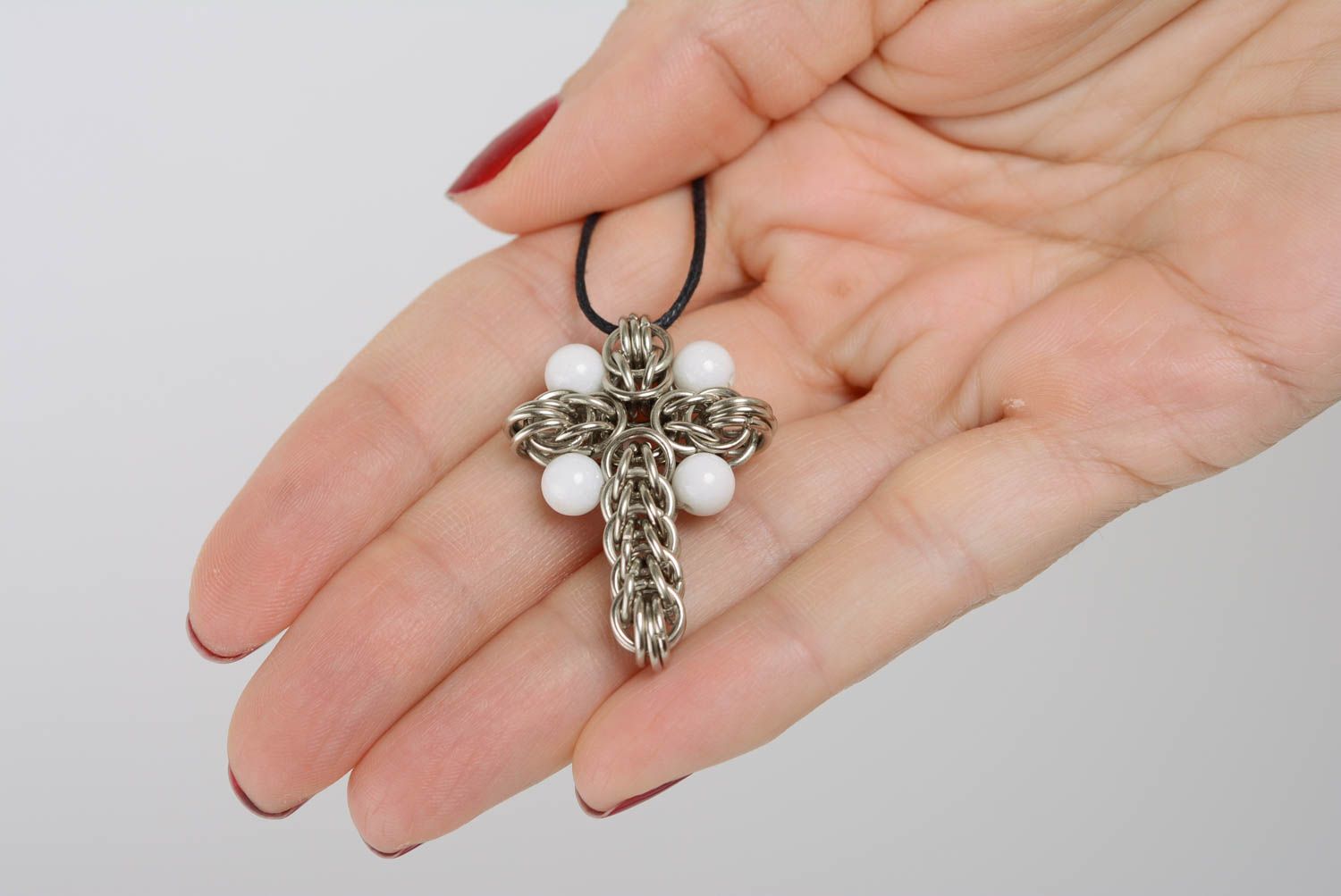 Metal cross on long cord chain mail weaving with white beads handmade accessory photo 3