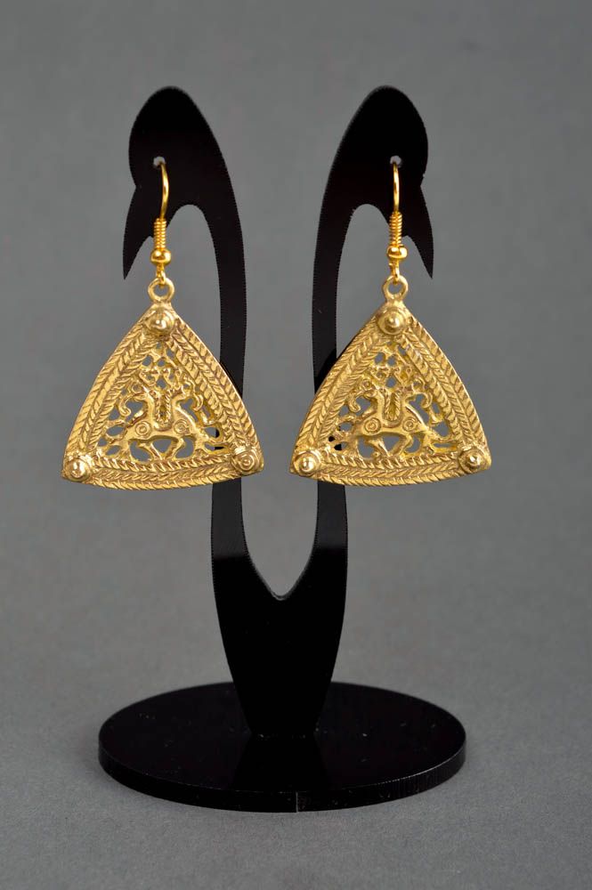 Handmade lange Ohrhänger Metall Schmuck Ohrringe für Damen aus Messing Dreieck foto 1