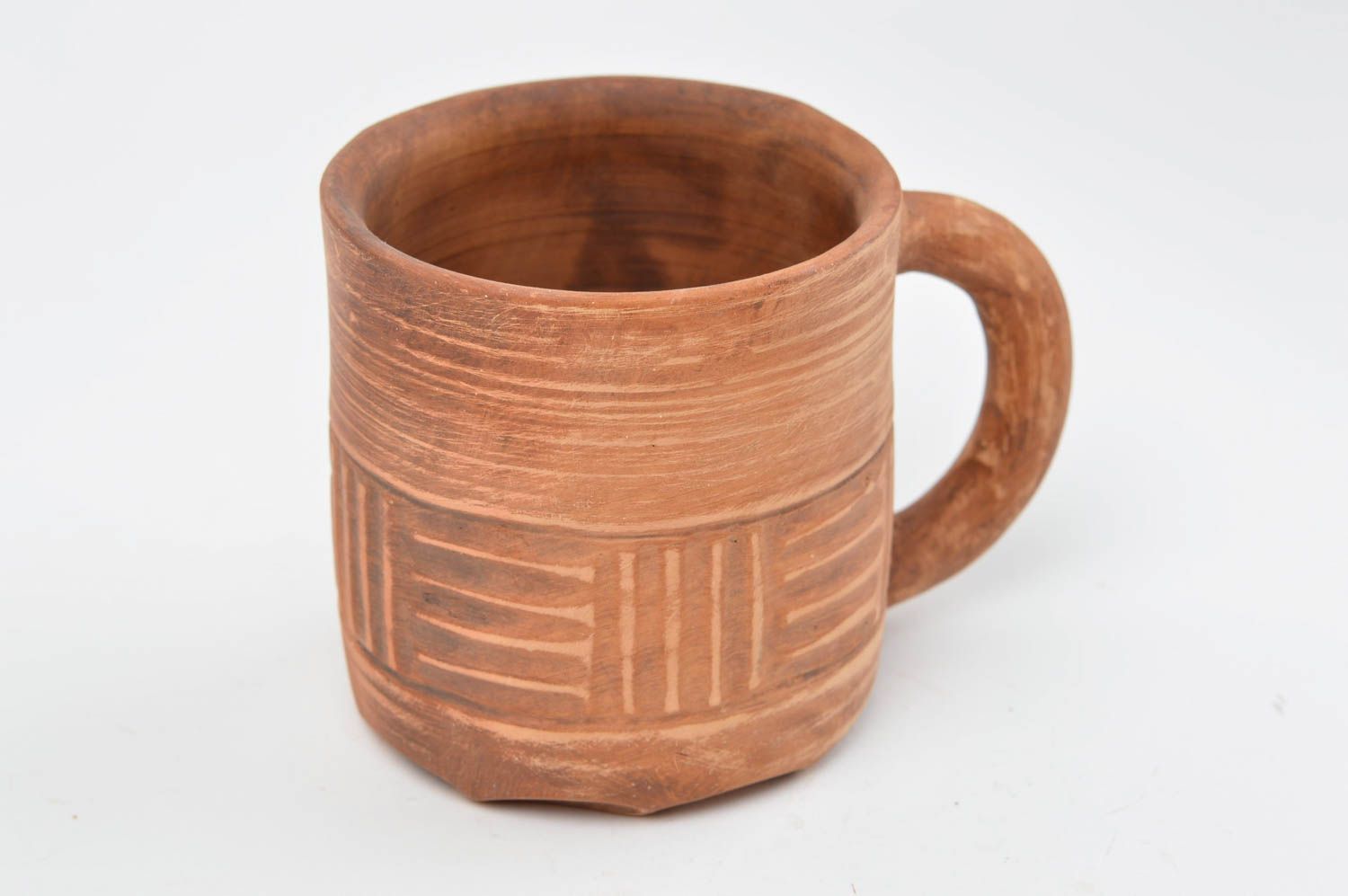 8 oz light red clay coffee cup with handle and geometric pattern photo 3