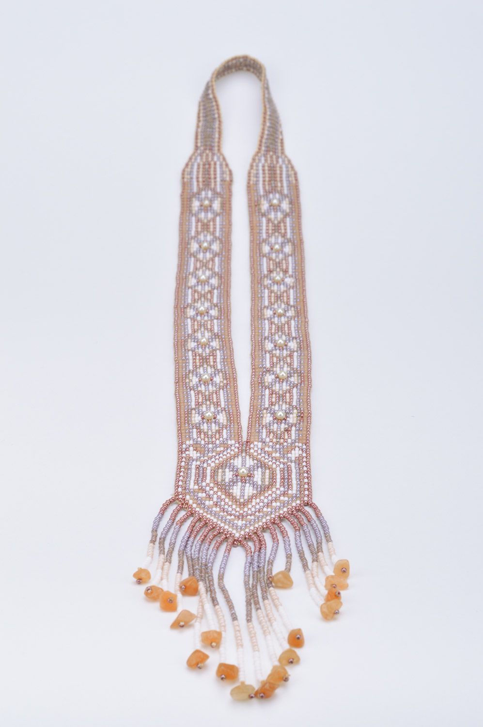 Handmade ethnic necklace woven of Czech beads with fringe in tender color palette photo 2