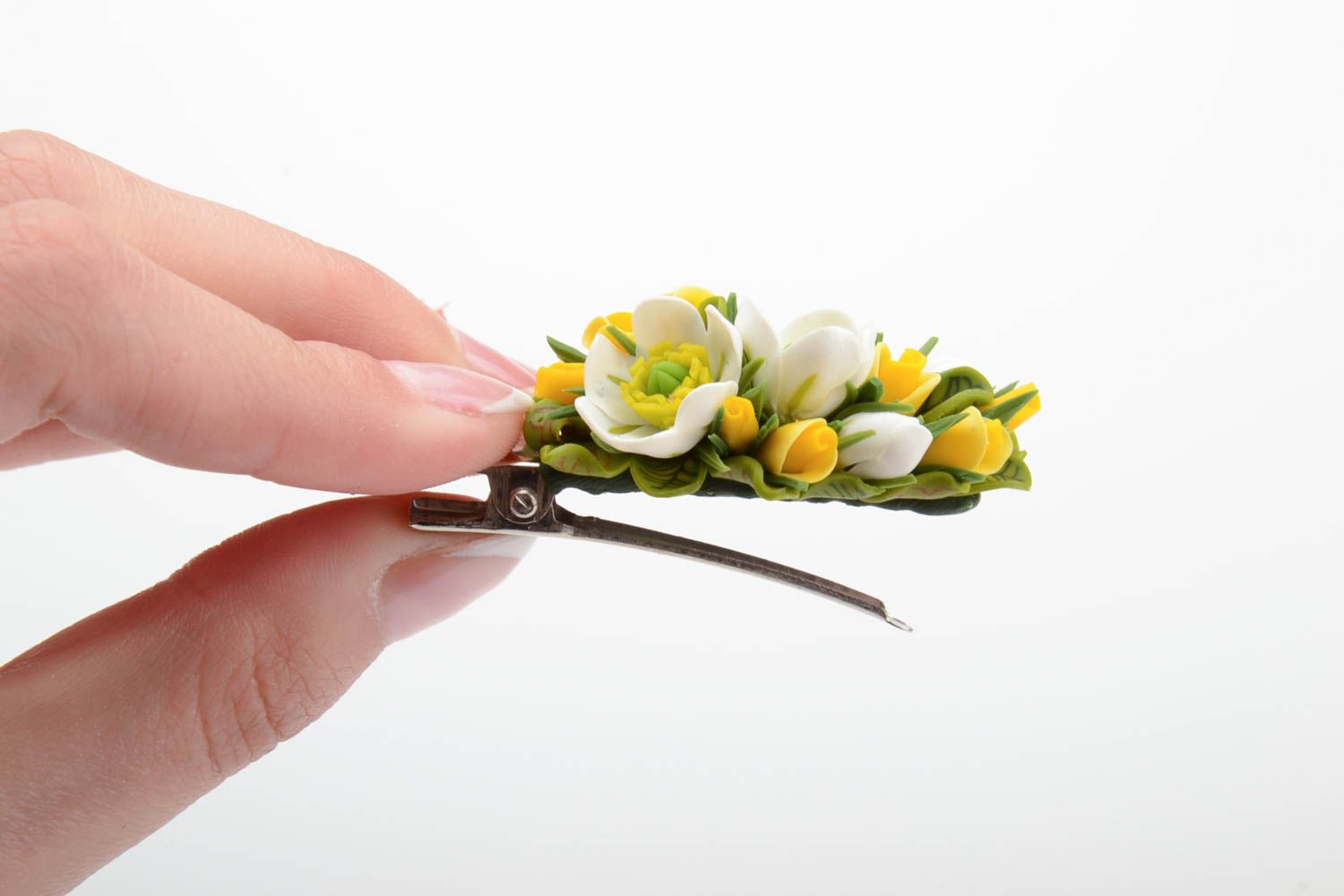 Handmade decorative hair clip with tiny tender yellow polymer clay flowers photo 5