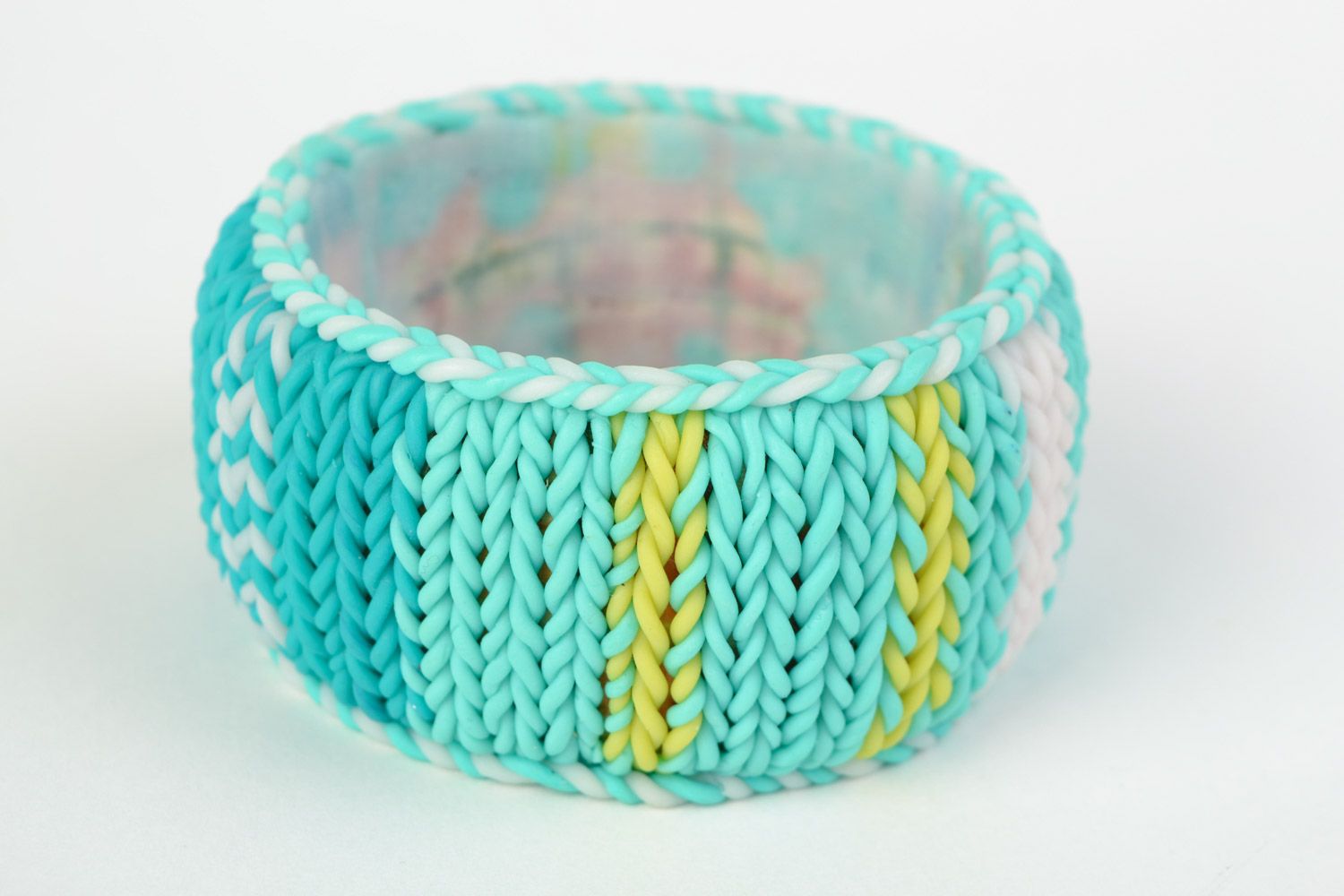 Bangle wide wrist bracelet on the wooden basis with knitted cover in blue and turquoise color photo 6
