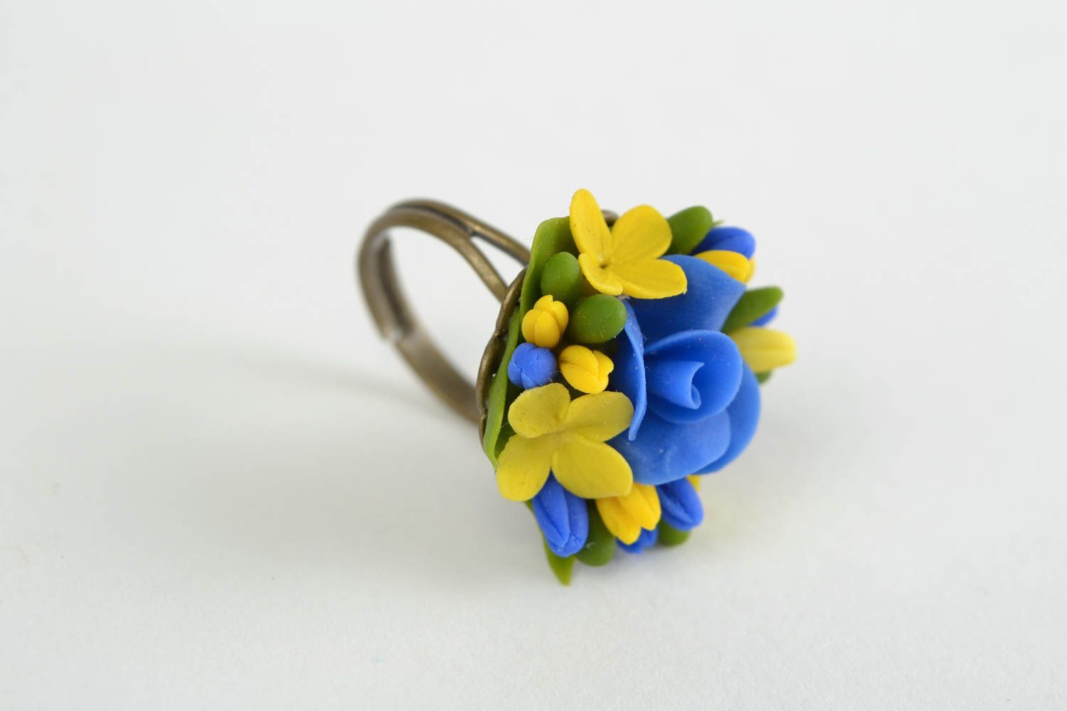 Blue and yellow handmade designer cold porcelain flower ring photo 4