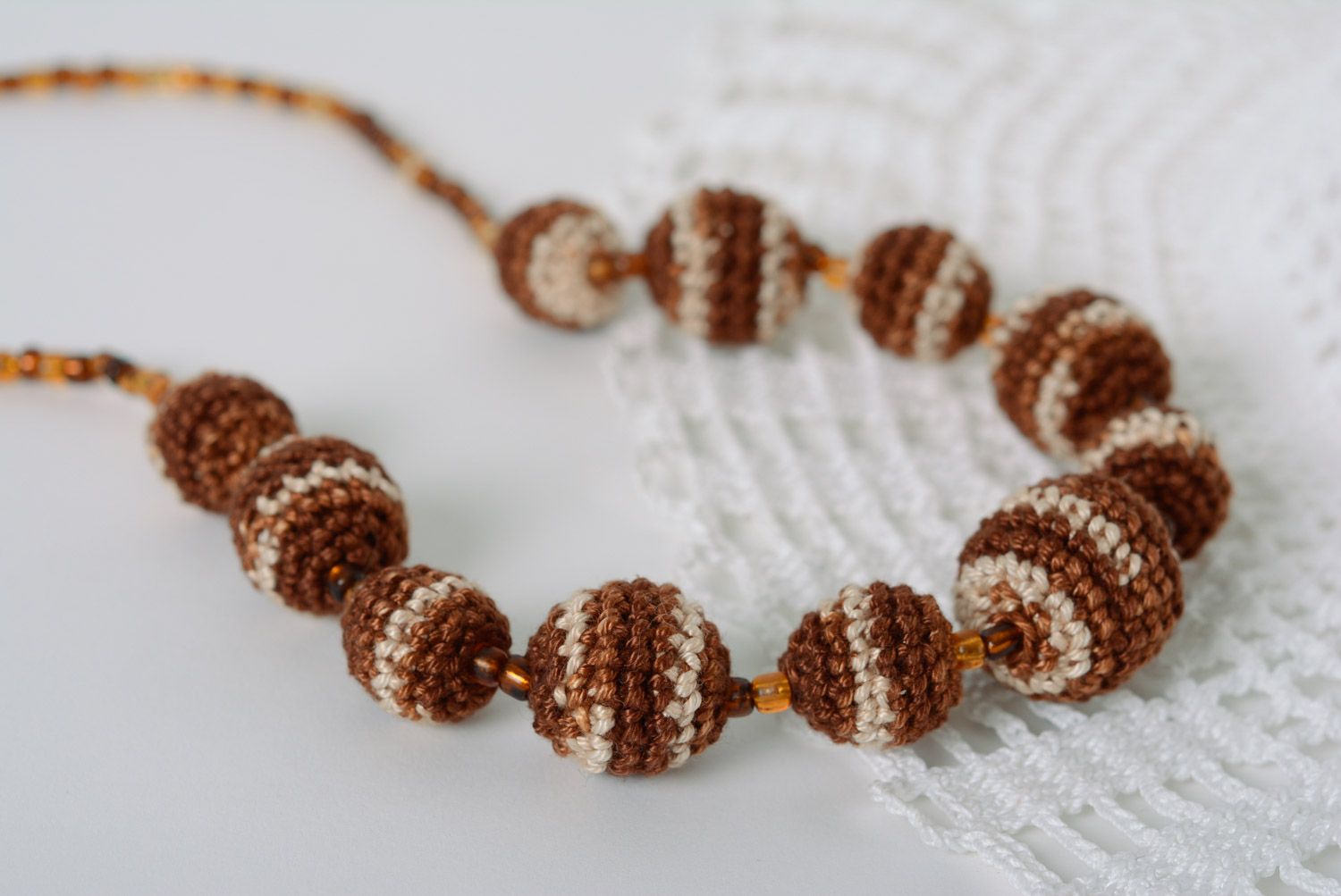 Handmade teething bead necklace crocheted of cotton threads of chocolate color photo 1