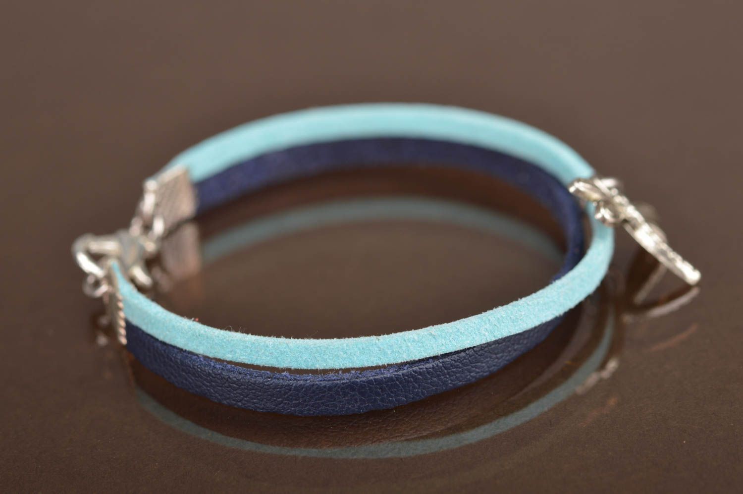 Handmade designer genuine leather wrist bracelet blue with metal dragonfly charm photo 5