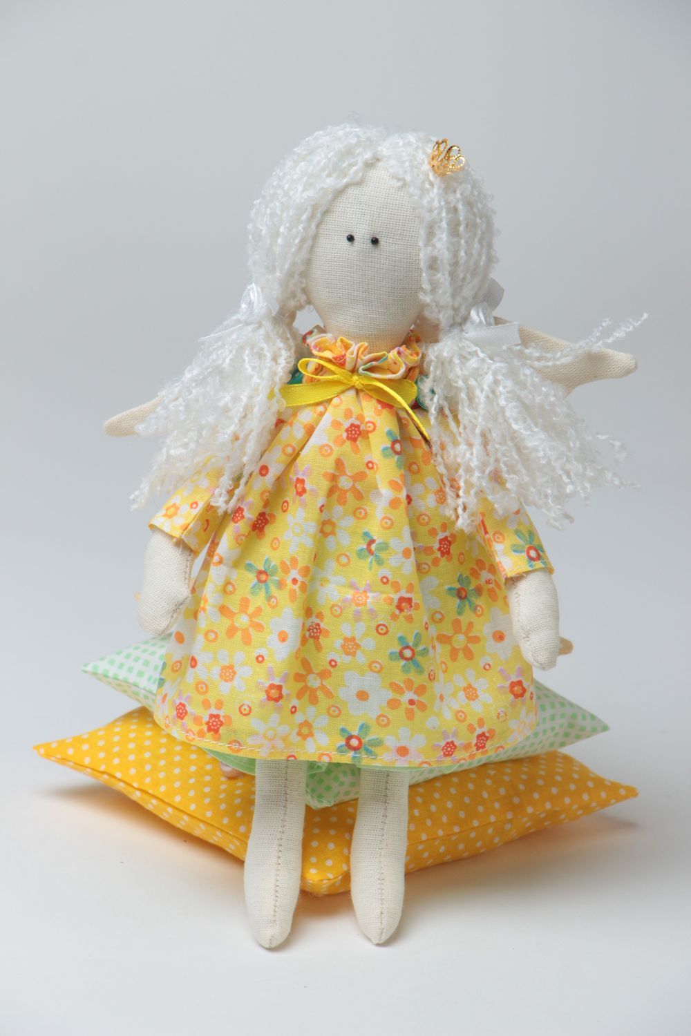 Handmade designer fabric soft doll in yellow dress with white hair Princess  photo 2