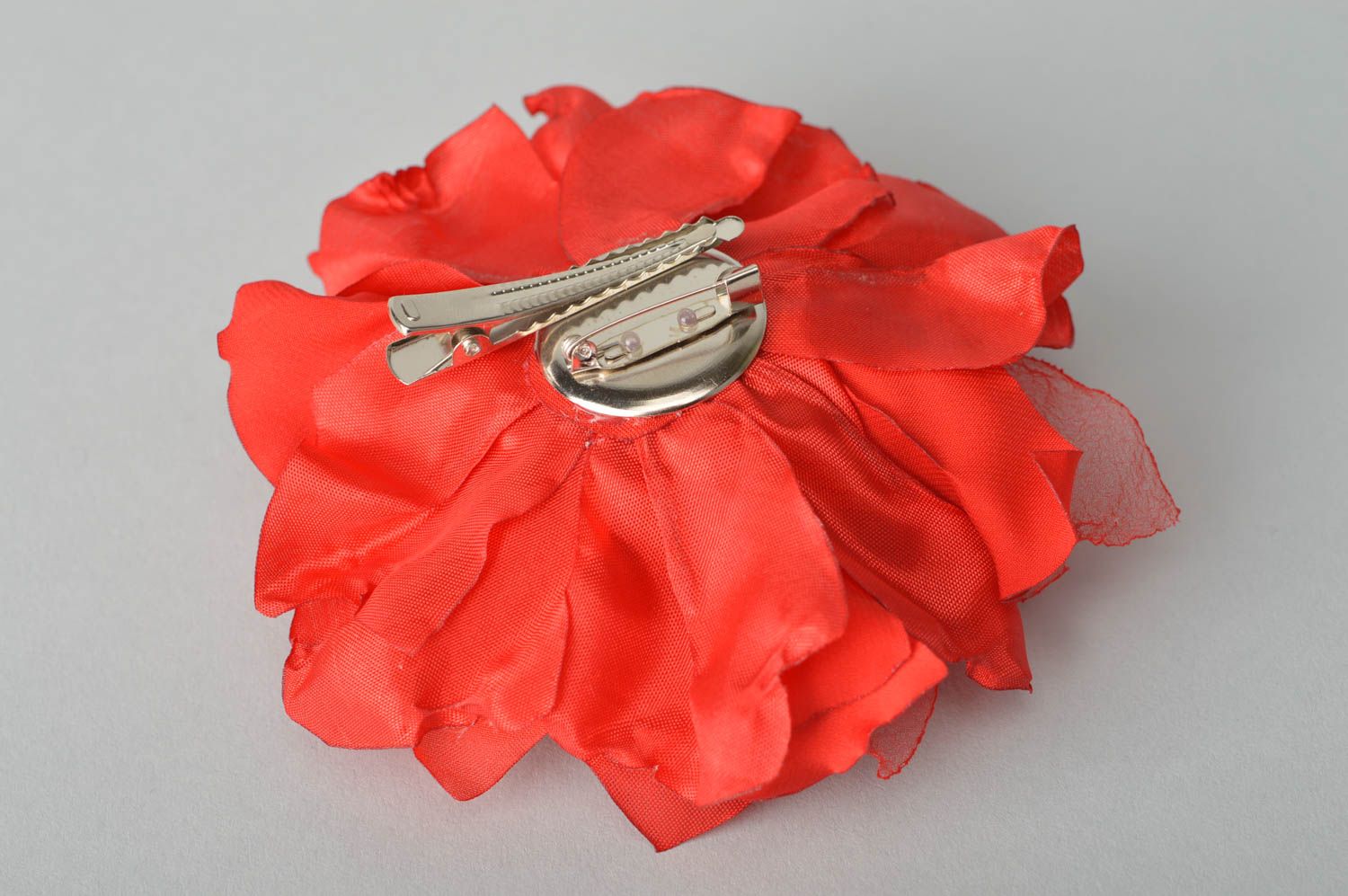 Broche Barrette fleur en soie rouge faite main grande Cadeau pour femme photo 5