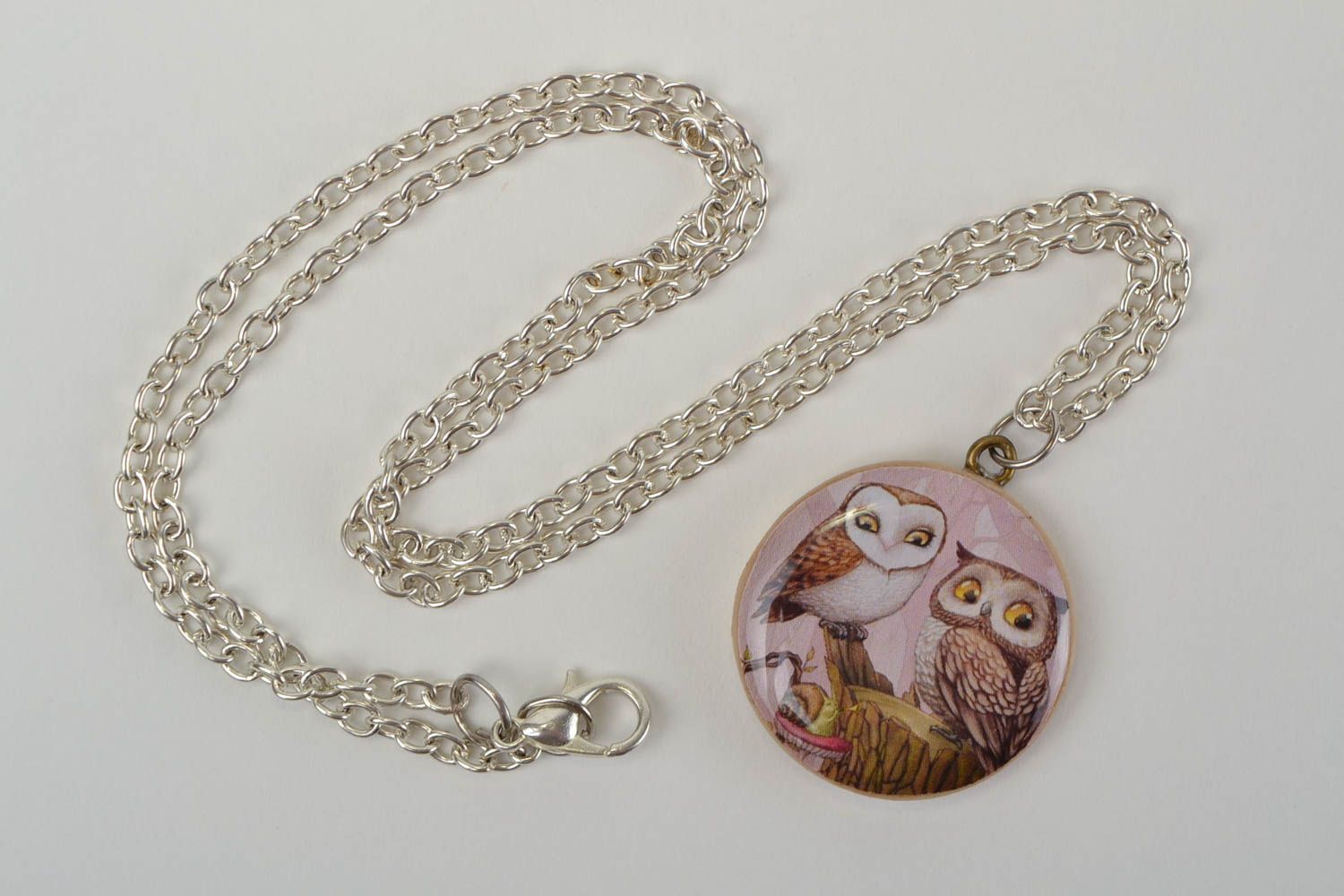 Handmade round decoupage polymer clay designer pendant with owls image on chain photo 3
