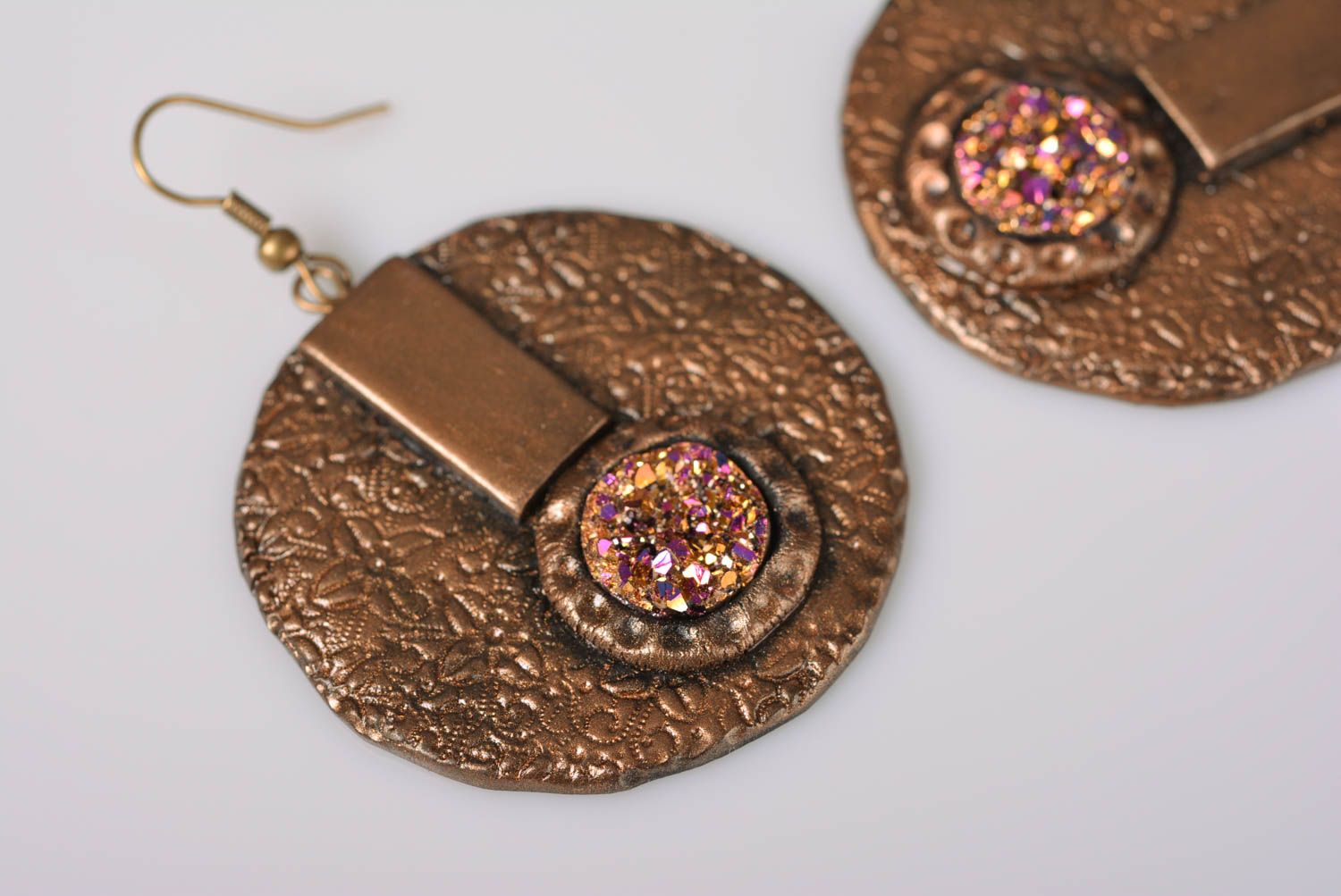 Handmade round bronze colored polymer clay earrings with stones styled on druse photo 4