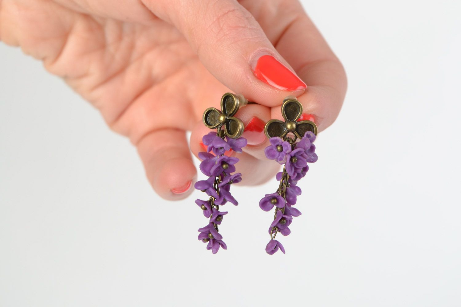 Beautiful handmade polymer clay flower earrings of violet color Lilac photo 2