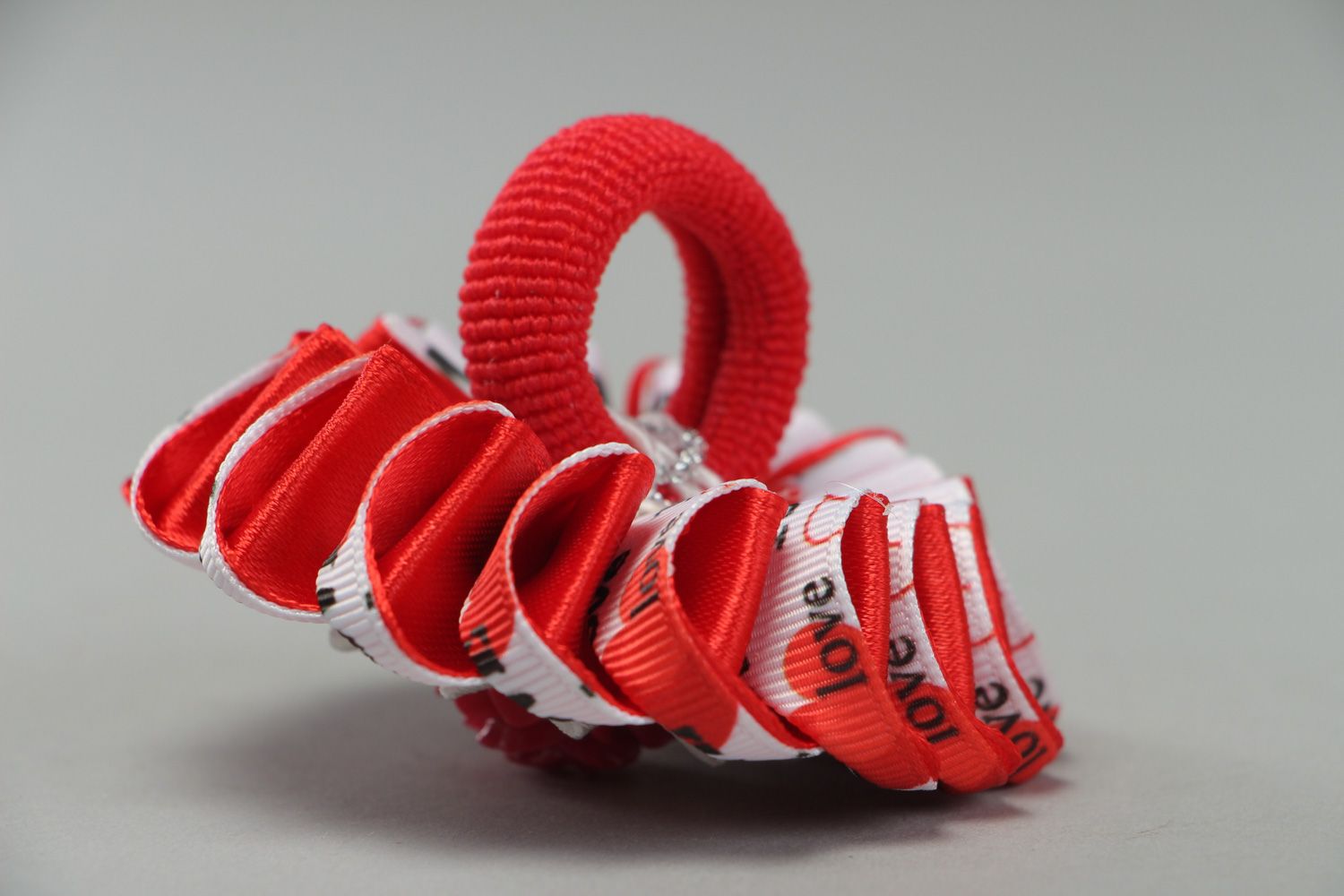 Festive handmade hair tie with satin and rep ribbons of red and white colors photo 3
