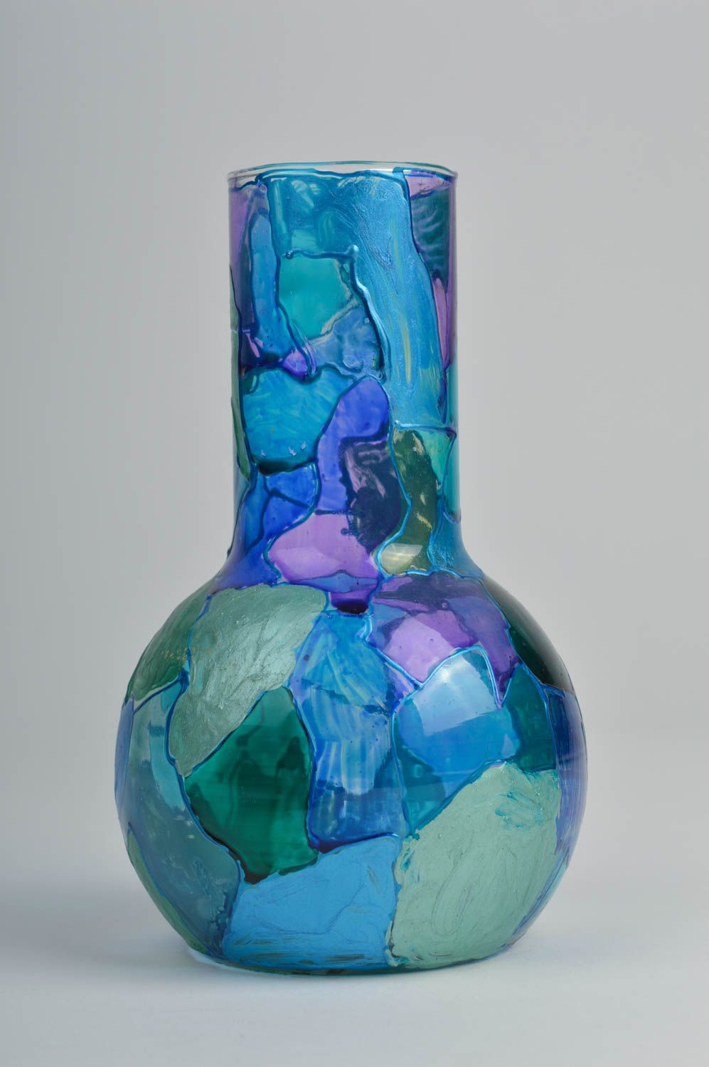 Vase en verre fait main Déco maison bleu peint original 50 cl Cadeau pour femme photo 2