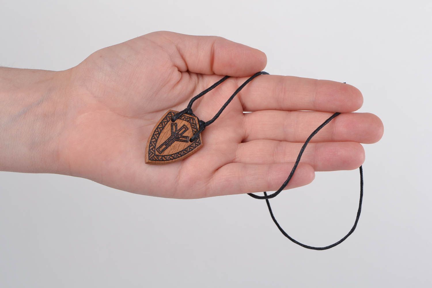 Unisex handmade designer ethnic wooden pendant on cord with pyrography decor photo 2