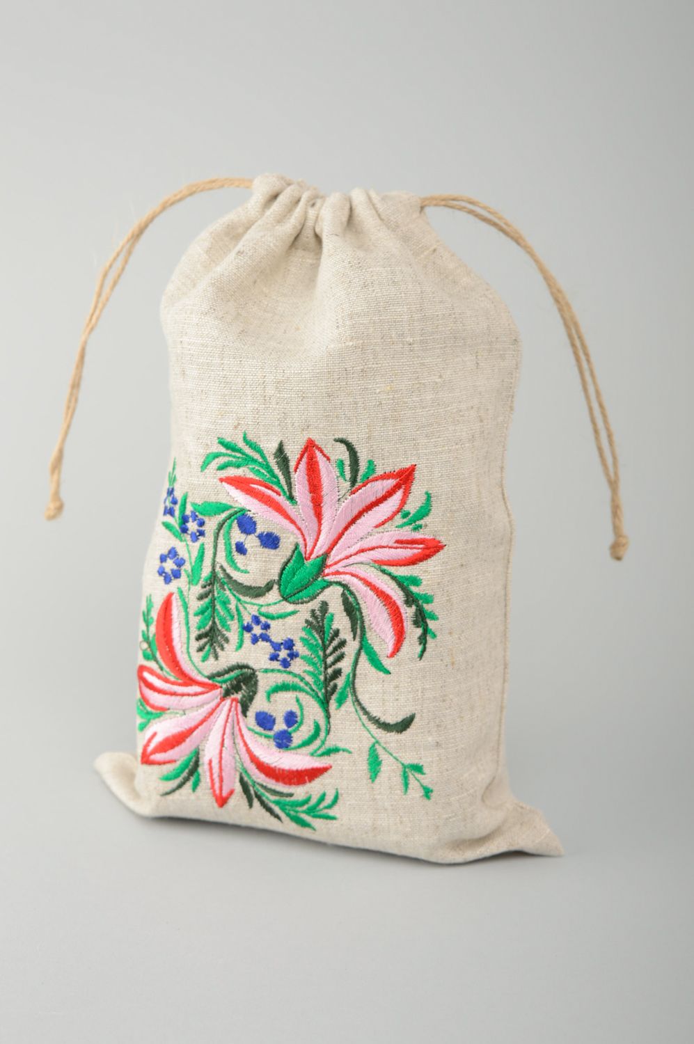 Linen fabric gift bag with embroidery photo 1