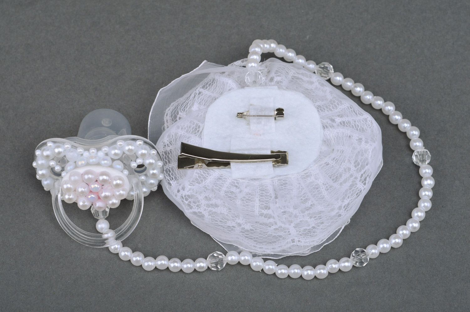 Baby dummy with handmade beautiful white clip and flower brooch with lace photo 5