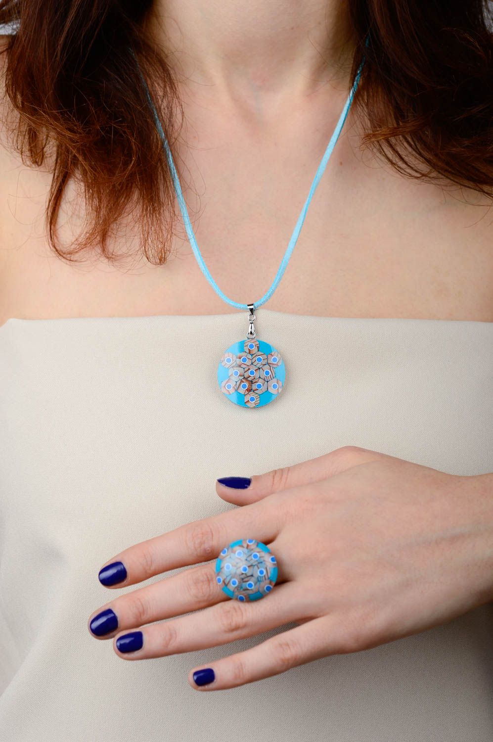 Blue unusual jewelry set handmade designer accessories feminine pendant and ring photo 2