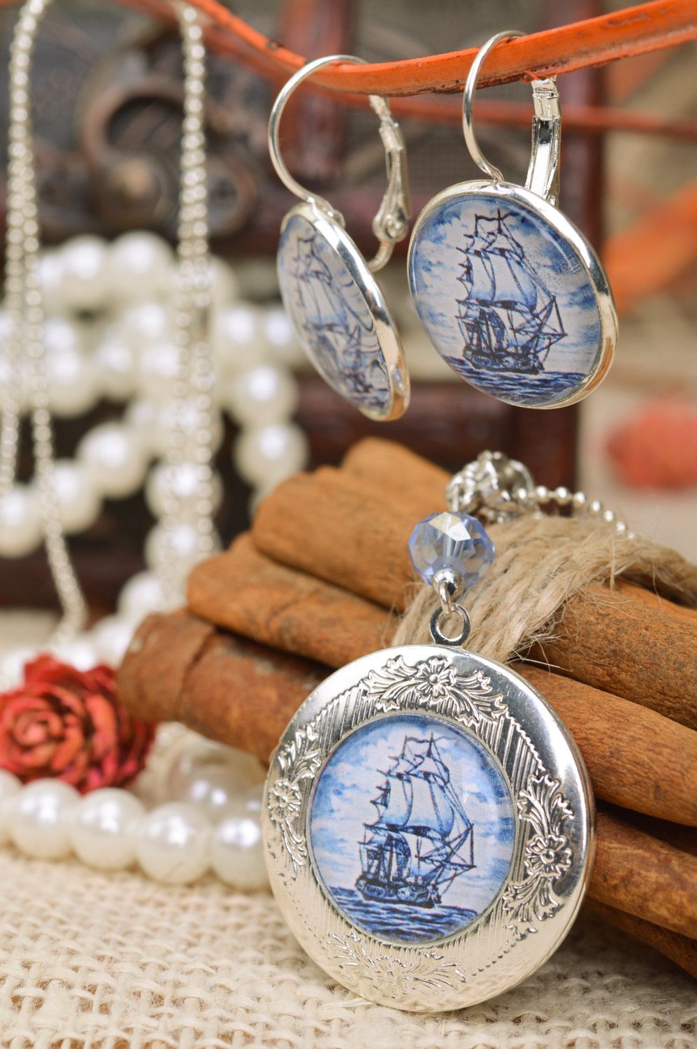 Handmade set in marine style of metal jewelry earrings and locket pendant with space for photo  photo 1