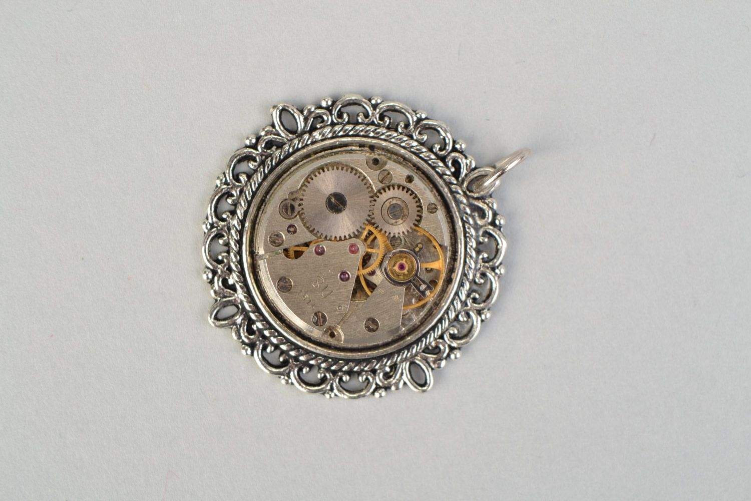 Handmade metal steampunk neck pendant of round shape with clock mechanism  photo 3