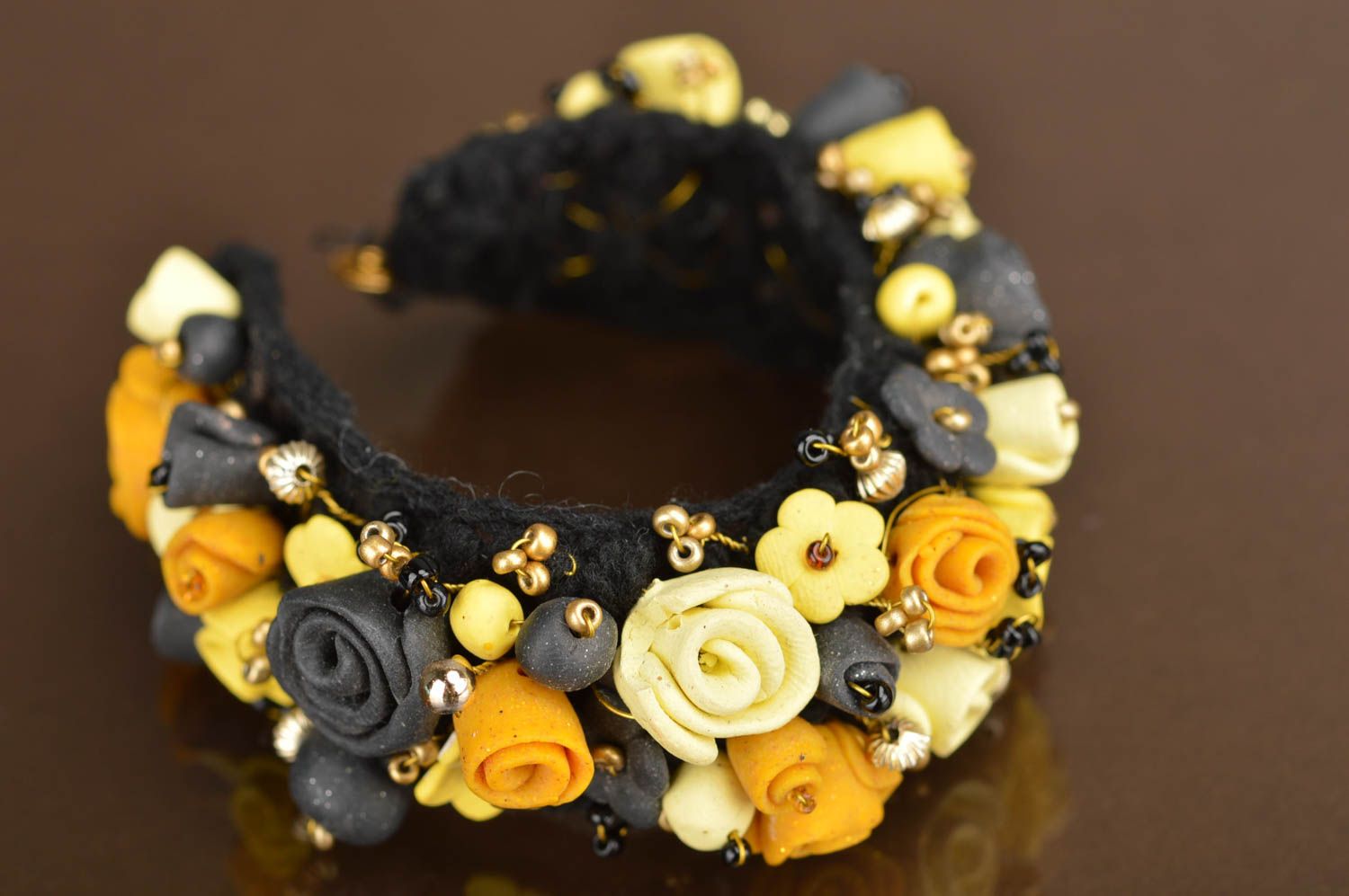 Unique handmade bracelet with flowers made of polymer clay on knitted base photo 4