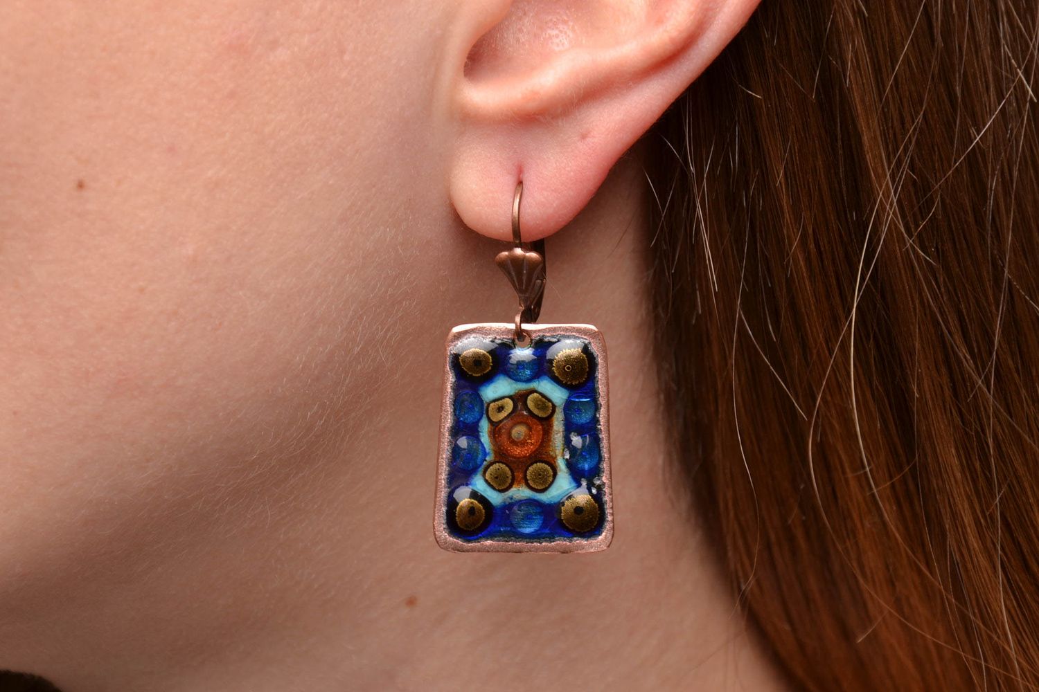 Copper earrings painted with enamels in blue color palette photo 2