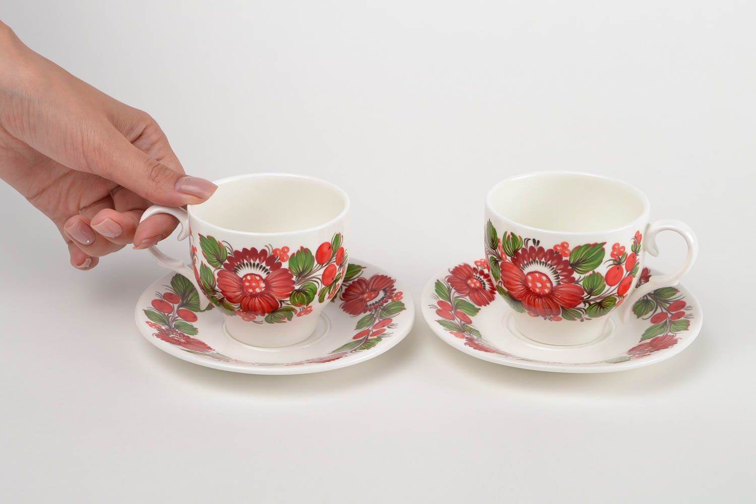 Set of 5 oz white coffee cups set of two cups with handle and saucer photo 2