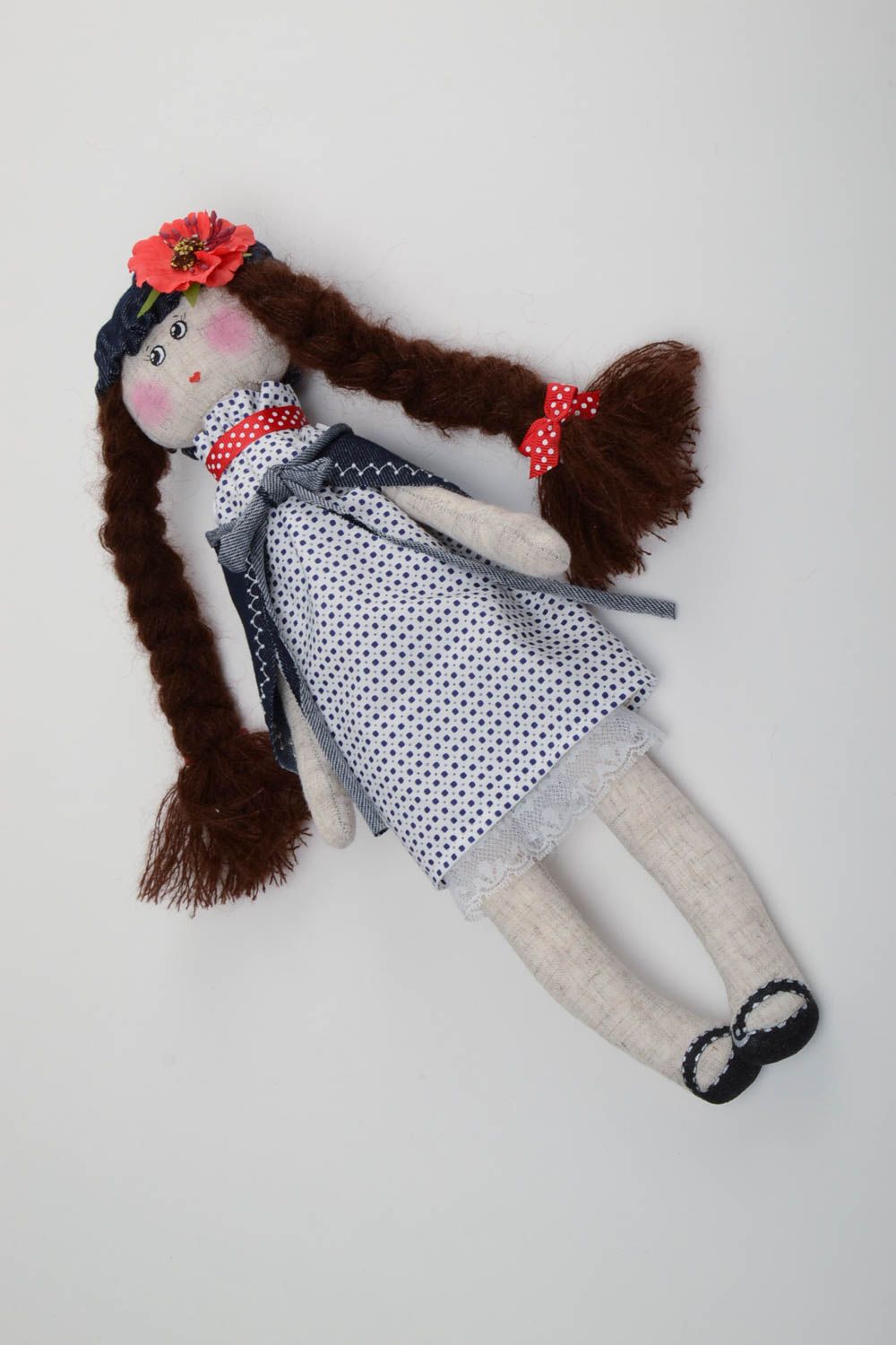 Handmade interior fabric soft toy girl with two long braids in beret with flower photo 2