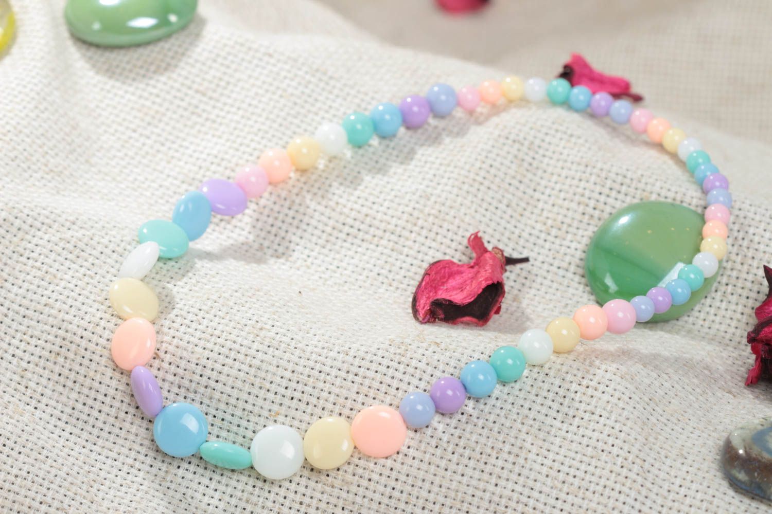 Handmade designer long children's plastic bead necklace of pastel colors photo 1