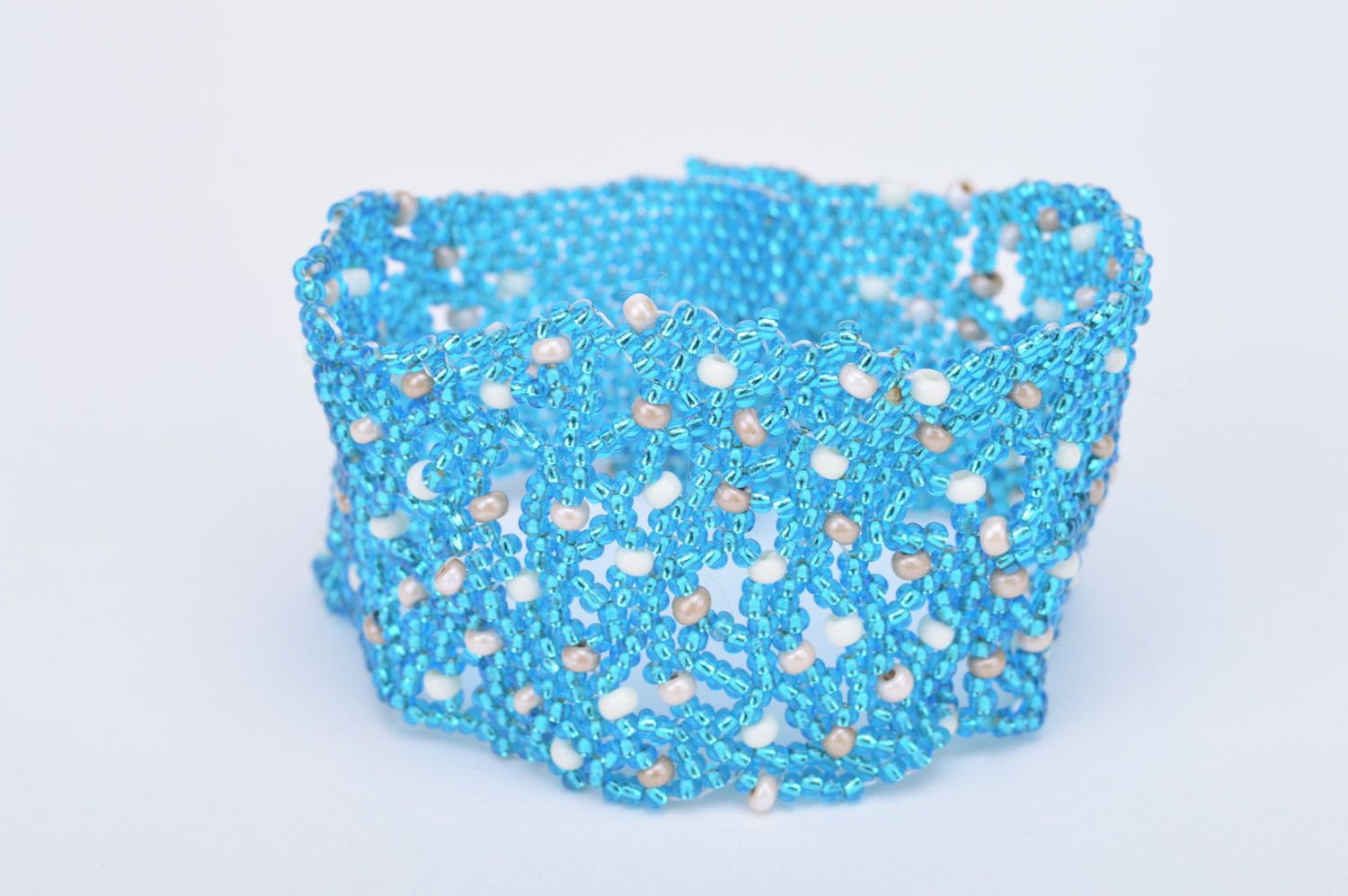 Handmade designer wide lace wrist bracelet woven of blue beads Cornflowers photo 4