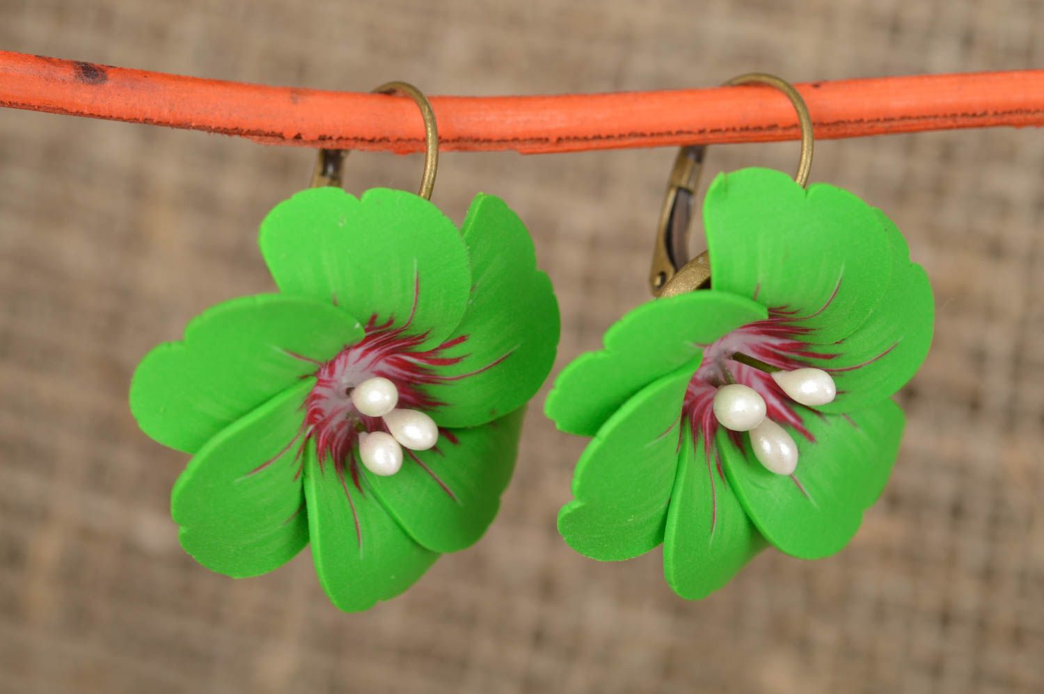 Exclusive green flower earrings made of polymer clay for summer look photo 1