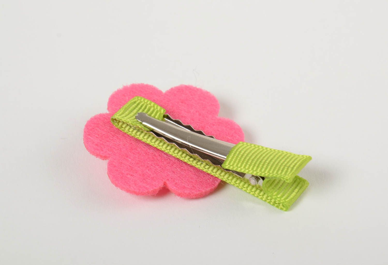 Designer hairpin with flower pink with green beautiful bright handmade barrette photo 3