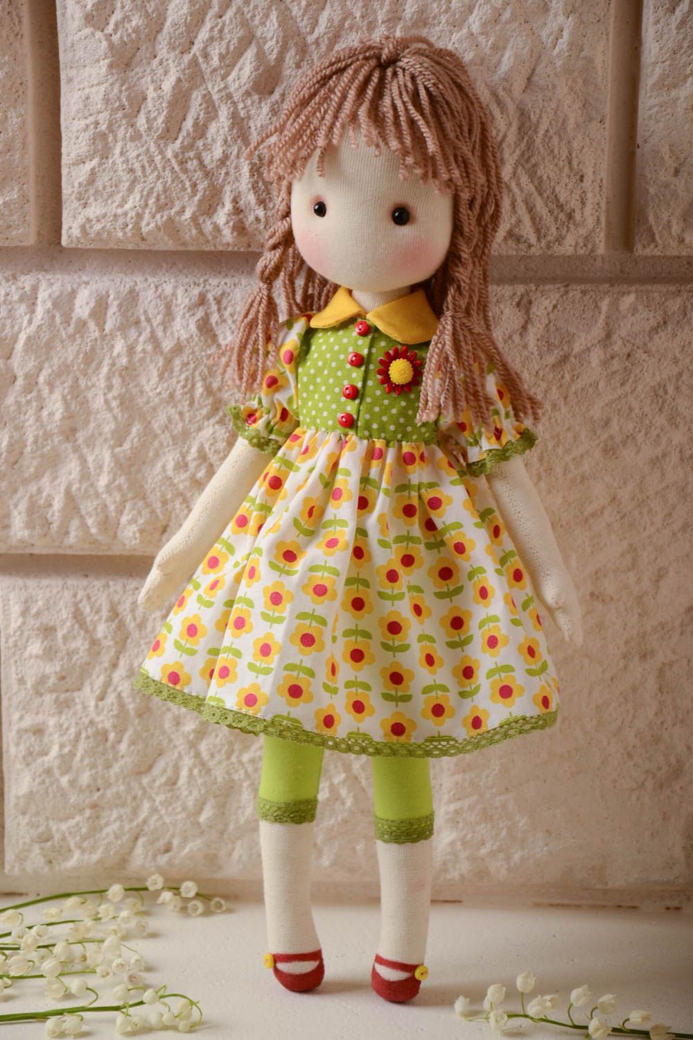 Handmade designer soft doll sewn of cotton fabric girl in floral dress photo 1
