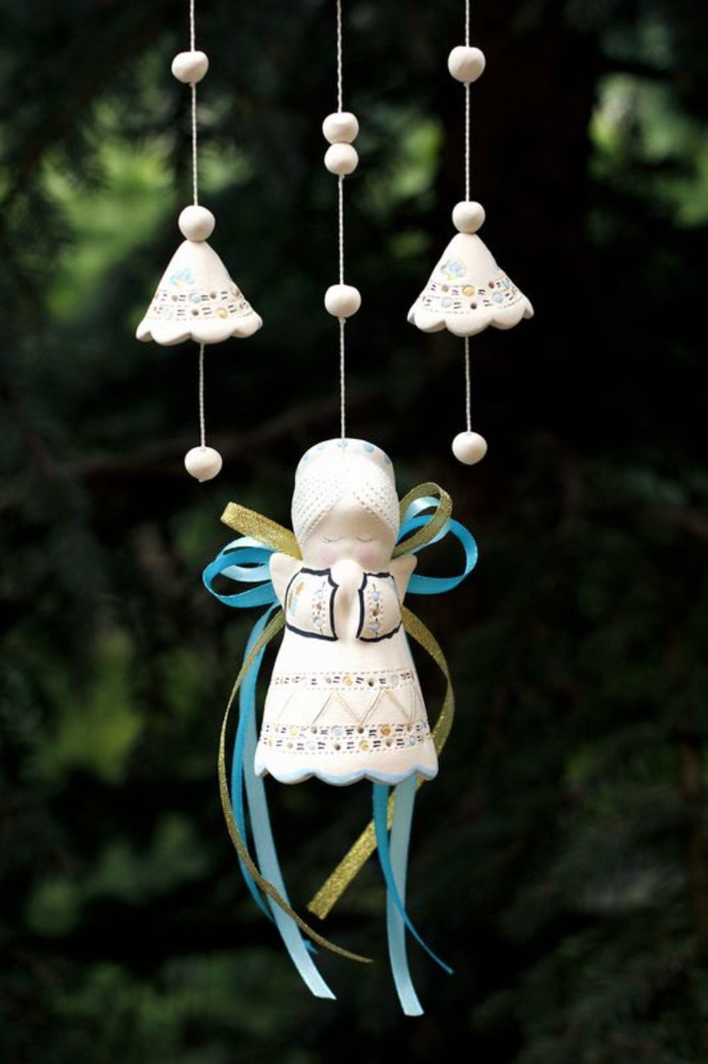 Hanging bells made from white clay photo 3