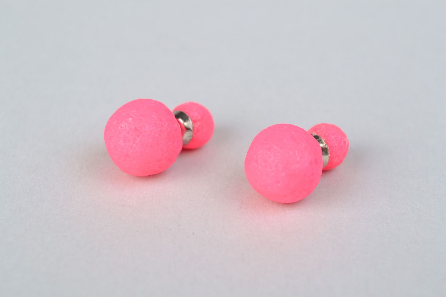 Handmade polymer clay stud earrings of round shape and bright pink color for women photo 4