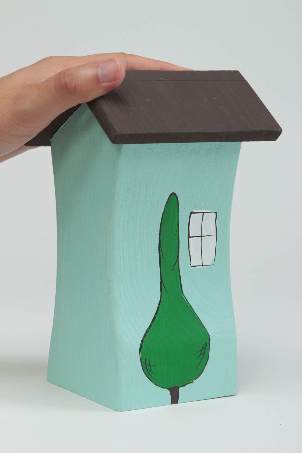 Maison miniature bleue faite main Figurine en bois décorative Cadeau original photo 5