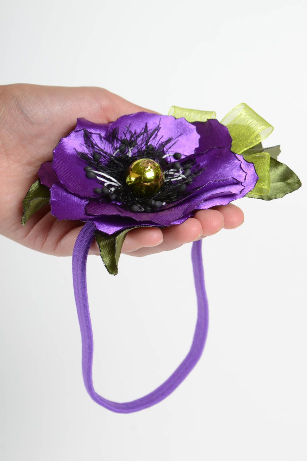 Повязка с цветком на голову фиолетовая красивая необычная женская ручной работы фото 4