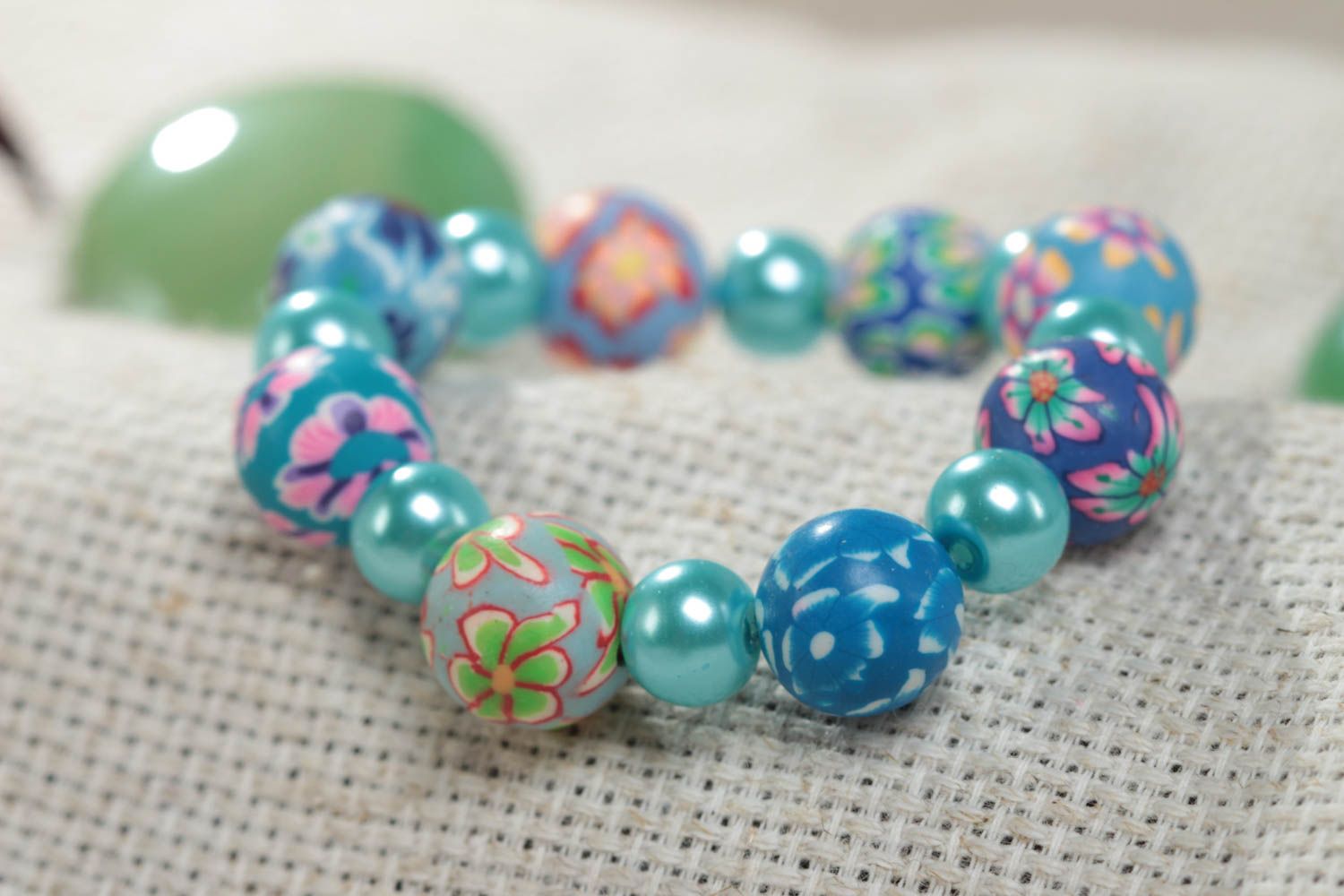 Beautiful blue handmade children's polymer clay bracelet stretchy photo 1