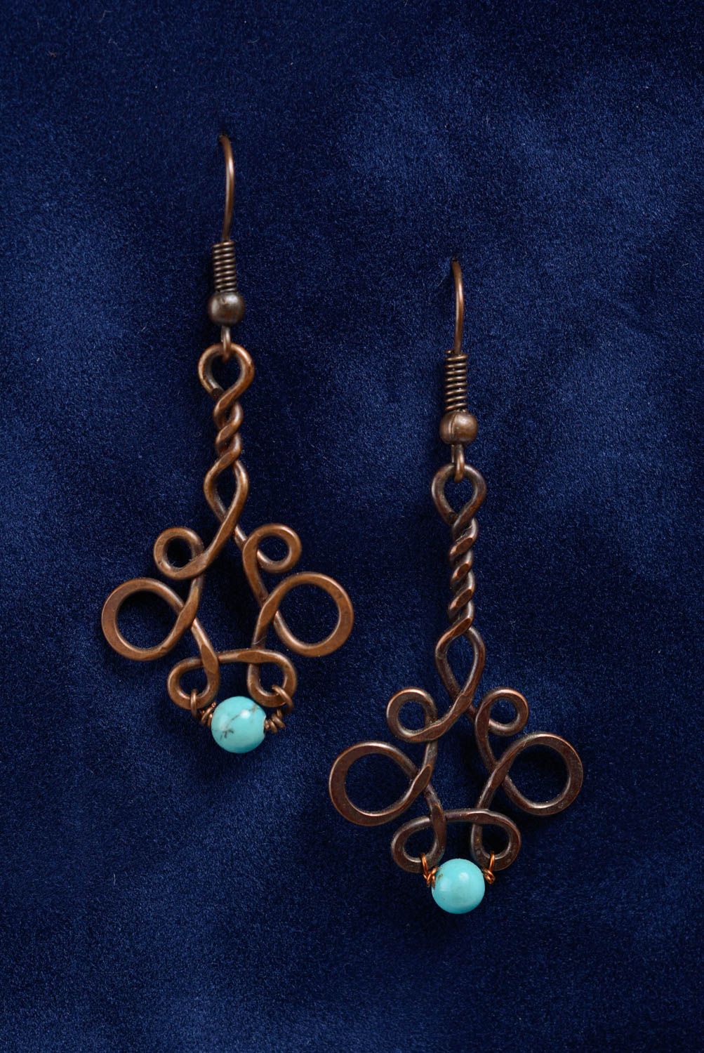 Big earrings made of copper using wire wrap technique with artificial turquoise photo 1