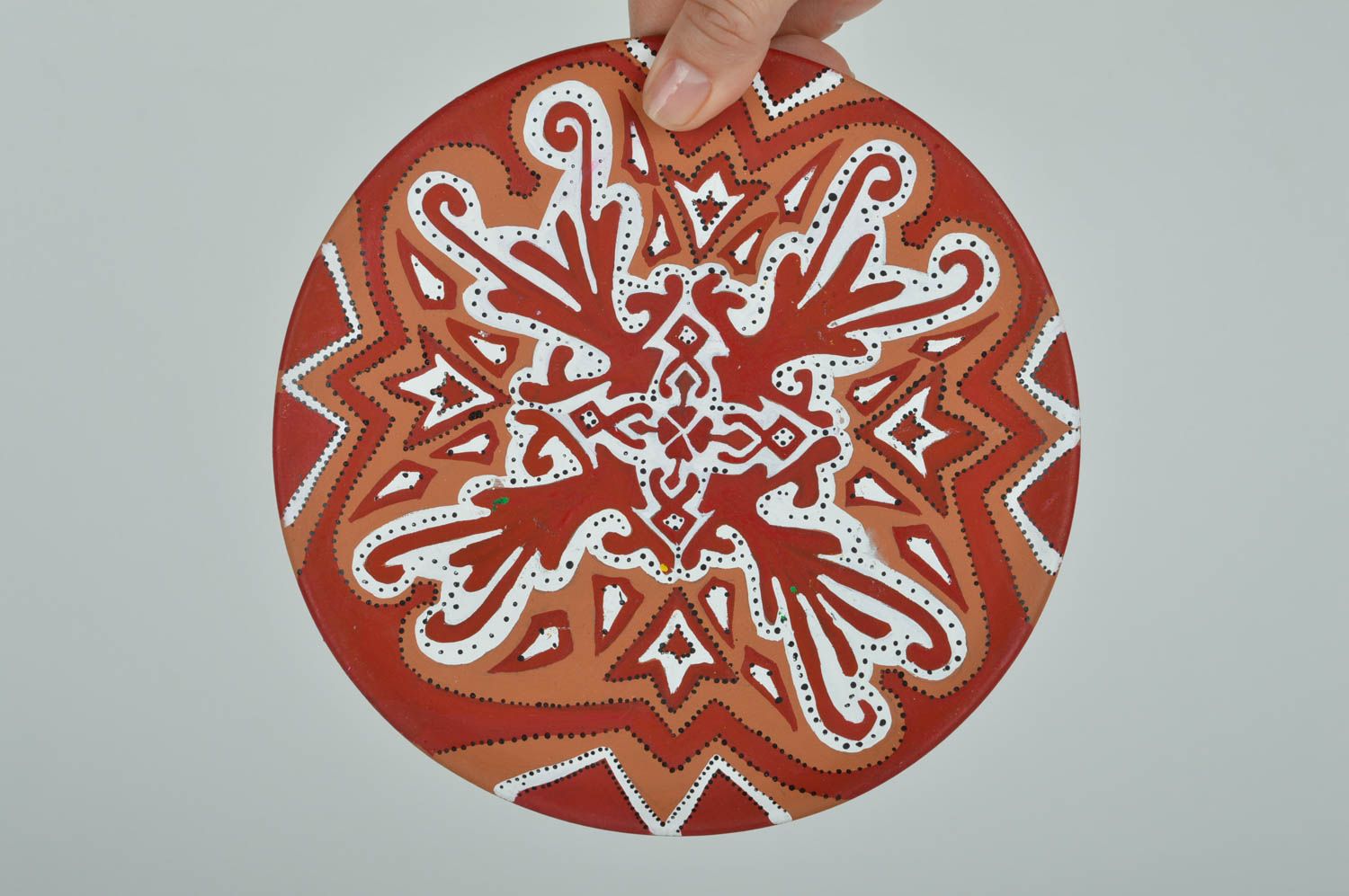 Assiette murale décorative céramique ronde à motif peinte faite main Feu photo 2
