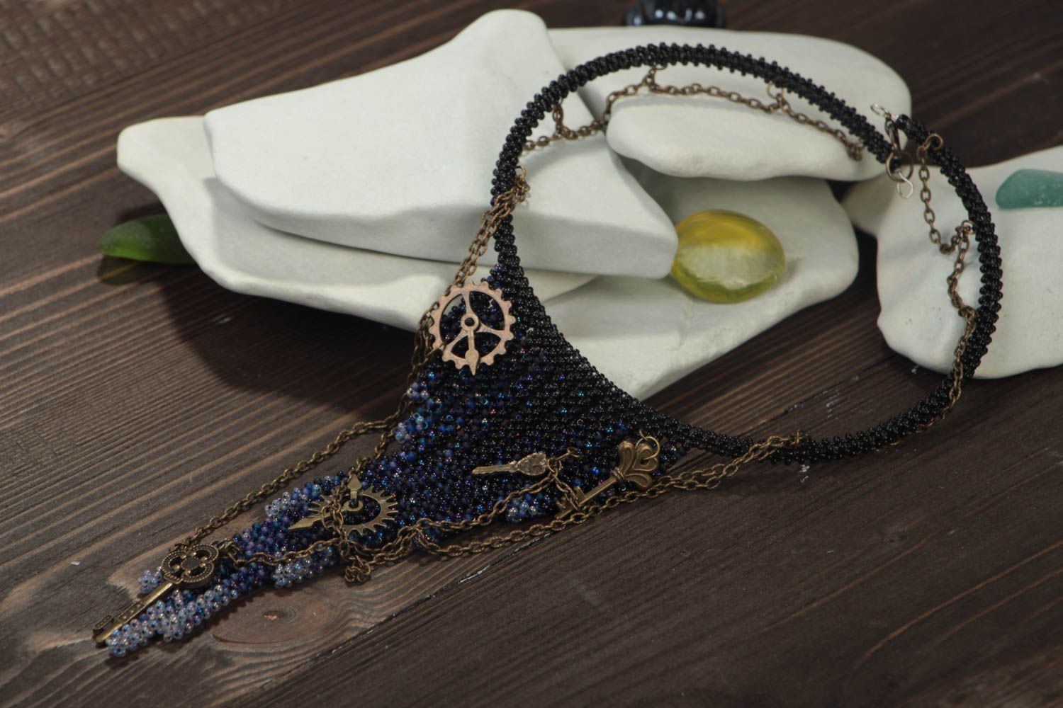 Handmade beaded necklace unusual stylish accessory beautiful jewelry on chain photo 1