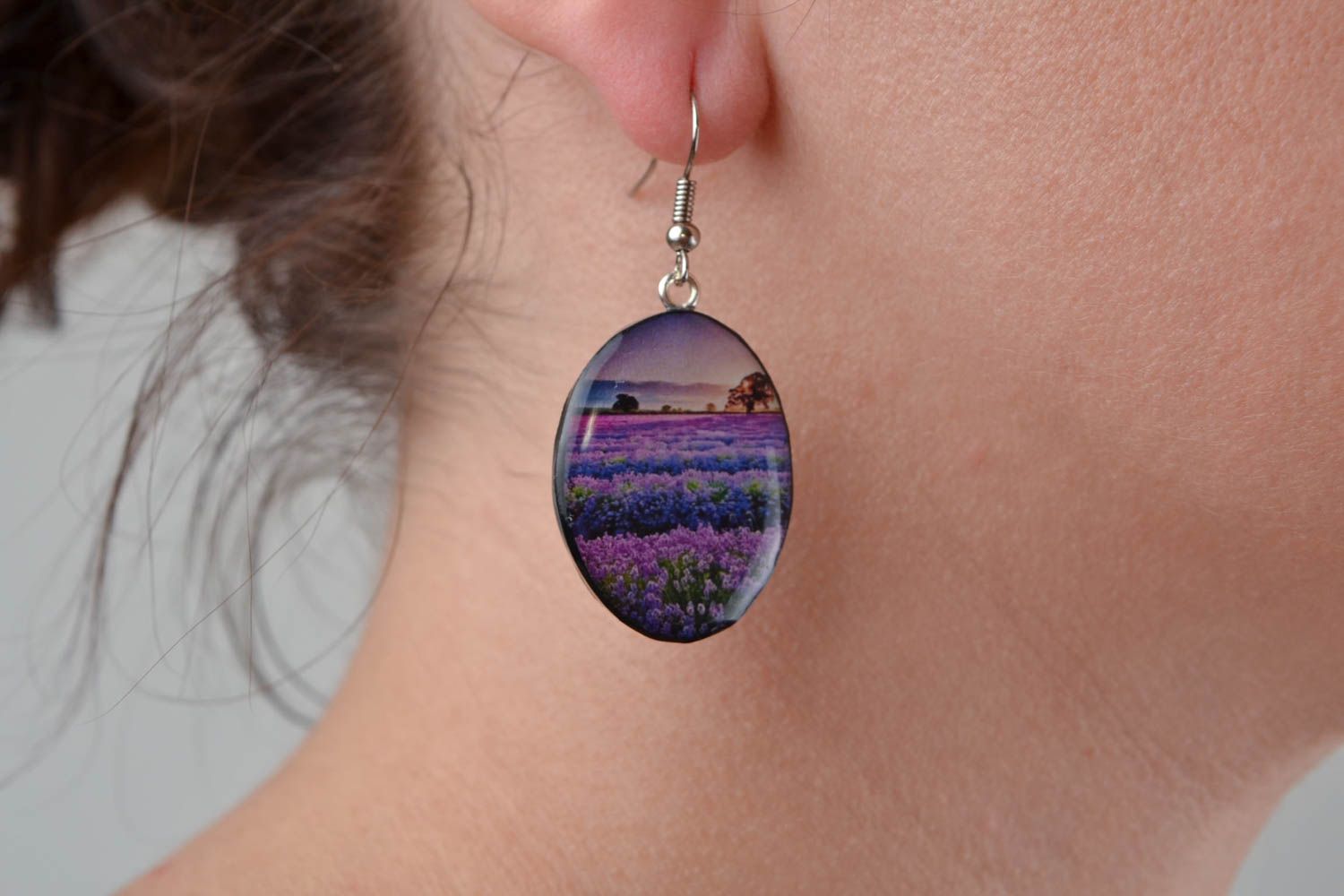 Stylish handmade designer polymer clay oval earrings with decoupage Landscape photo 2
